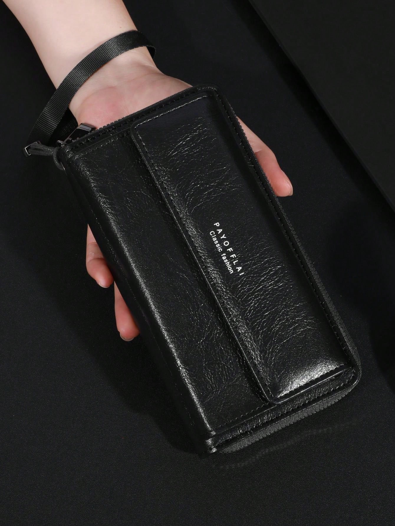 PAYOFFLAI" Classic Fashion Textured Black Leather Long Wallet