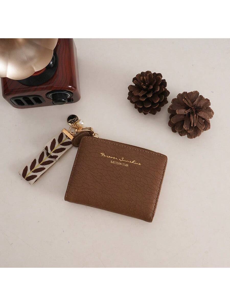 Forever Sunshine" Crackle-Texture Compact Zipper Wallet (Brown)