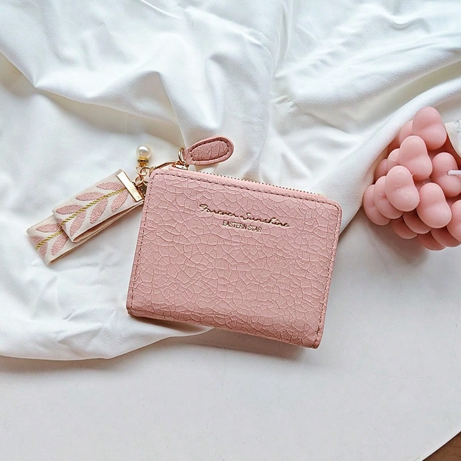 Forever Sunshine" Crackle-Texture Compact Zipper Wallet (Blush Pink)