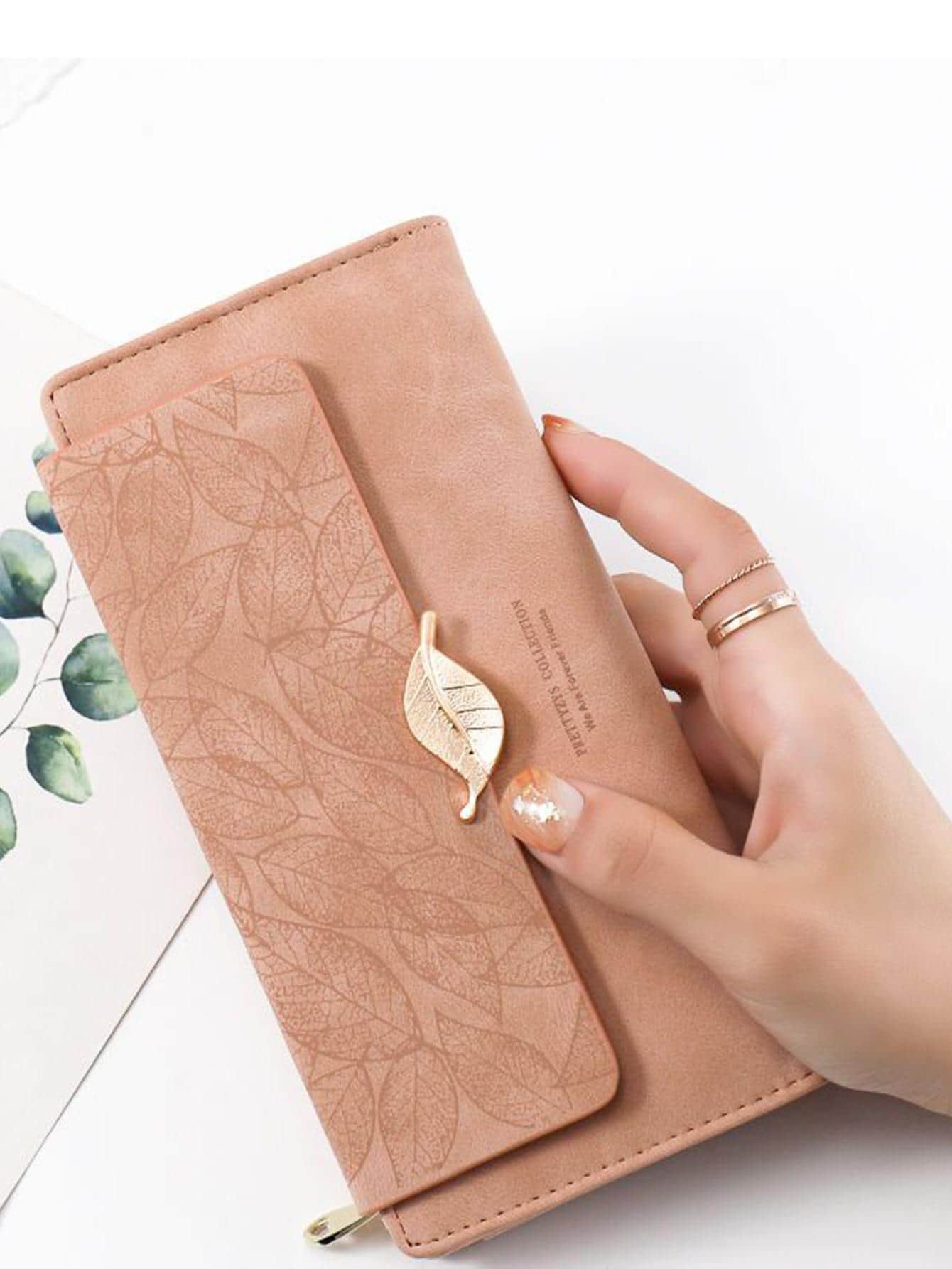 PRETTYZYS COLLECTION" Leaf-Clasp Dusty Pink Long Wallet
