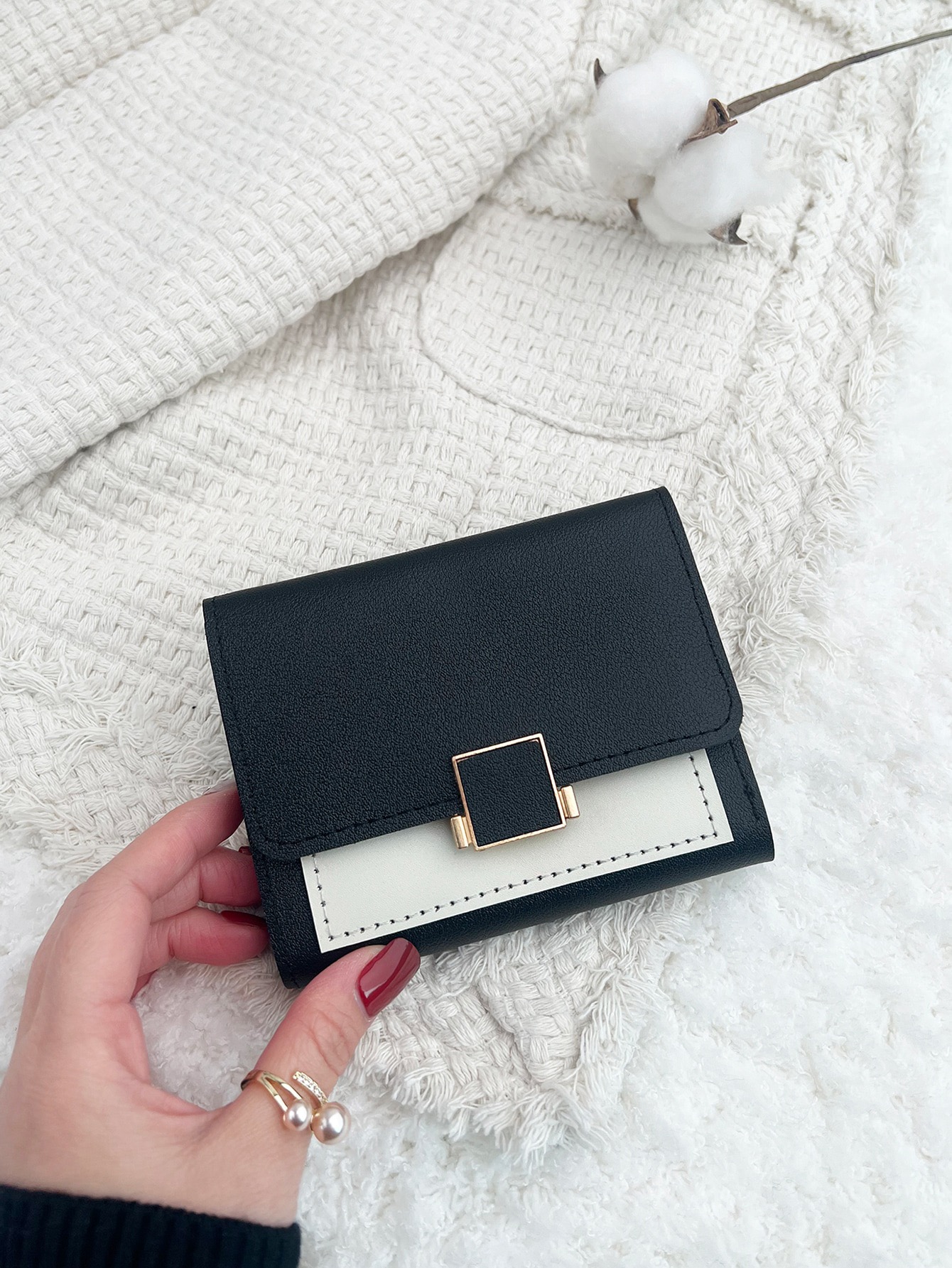 Two-Tone Square-Buckle Compact Wallet