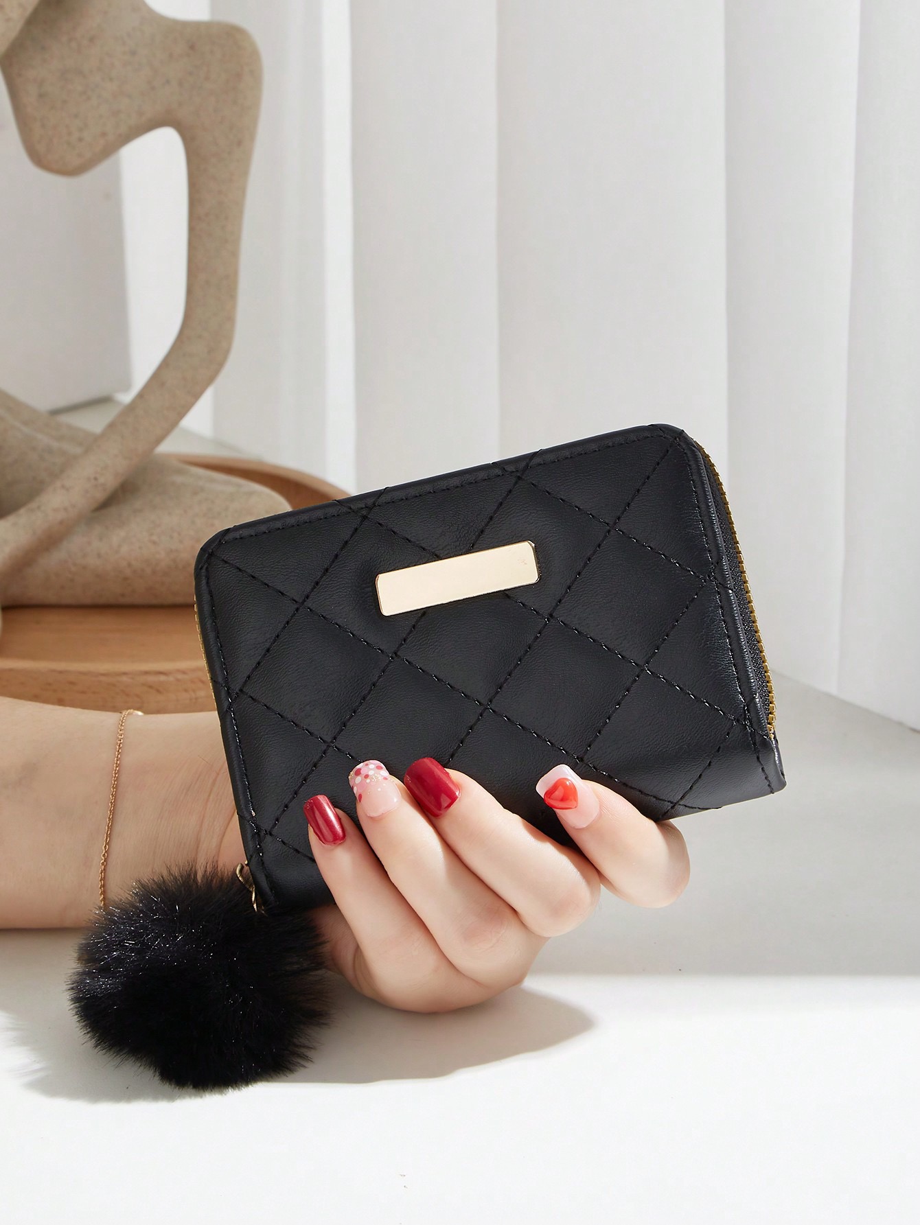 Quilted Pompom Coin Purse