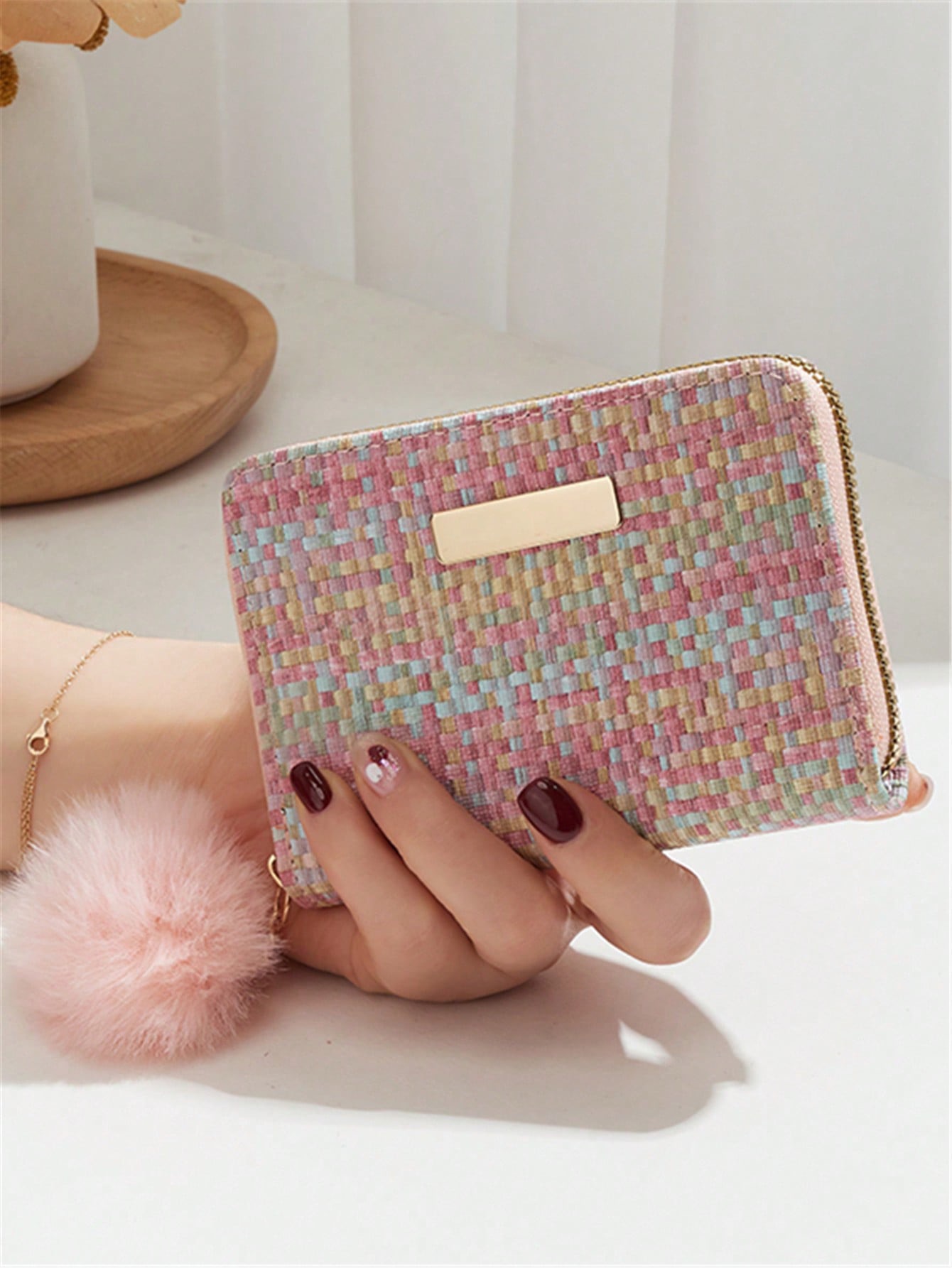 Woven Pastel Pompom Coin Purse