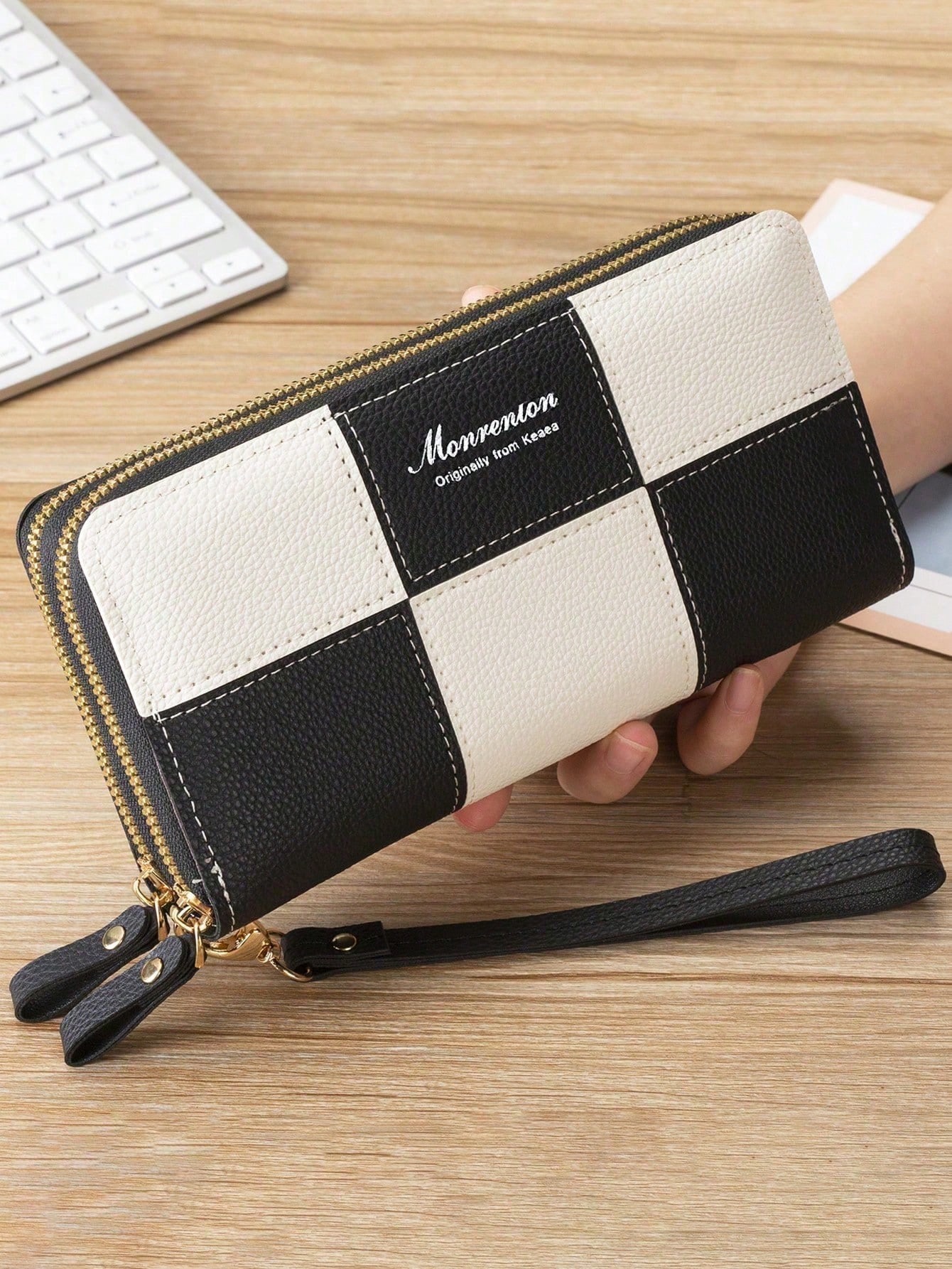 Monrenton Checkerboard Double-Zip Wristlet