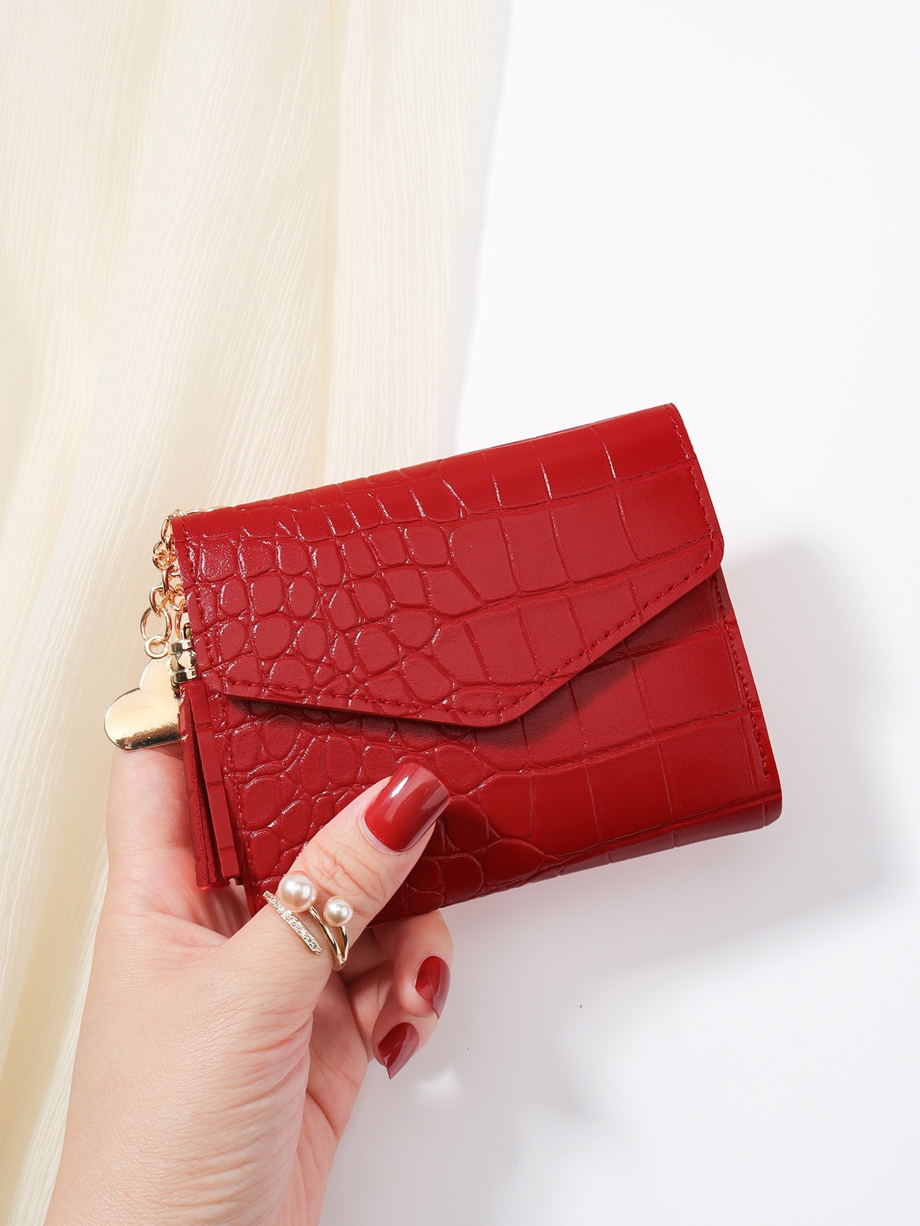 Crocodile-Embossed Red Envelope Tassel Wallet