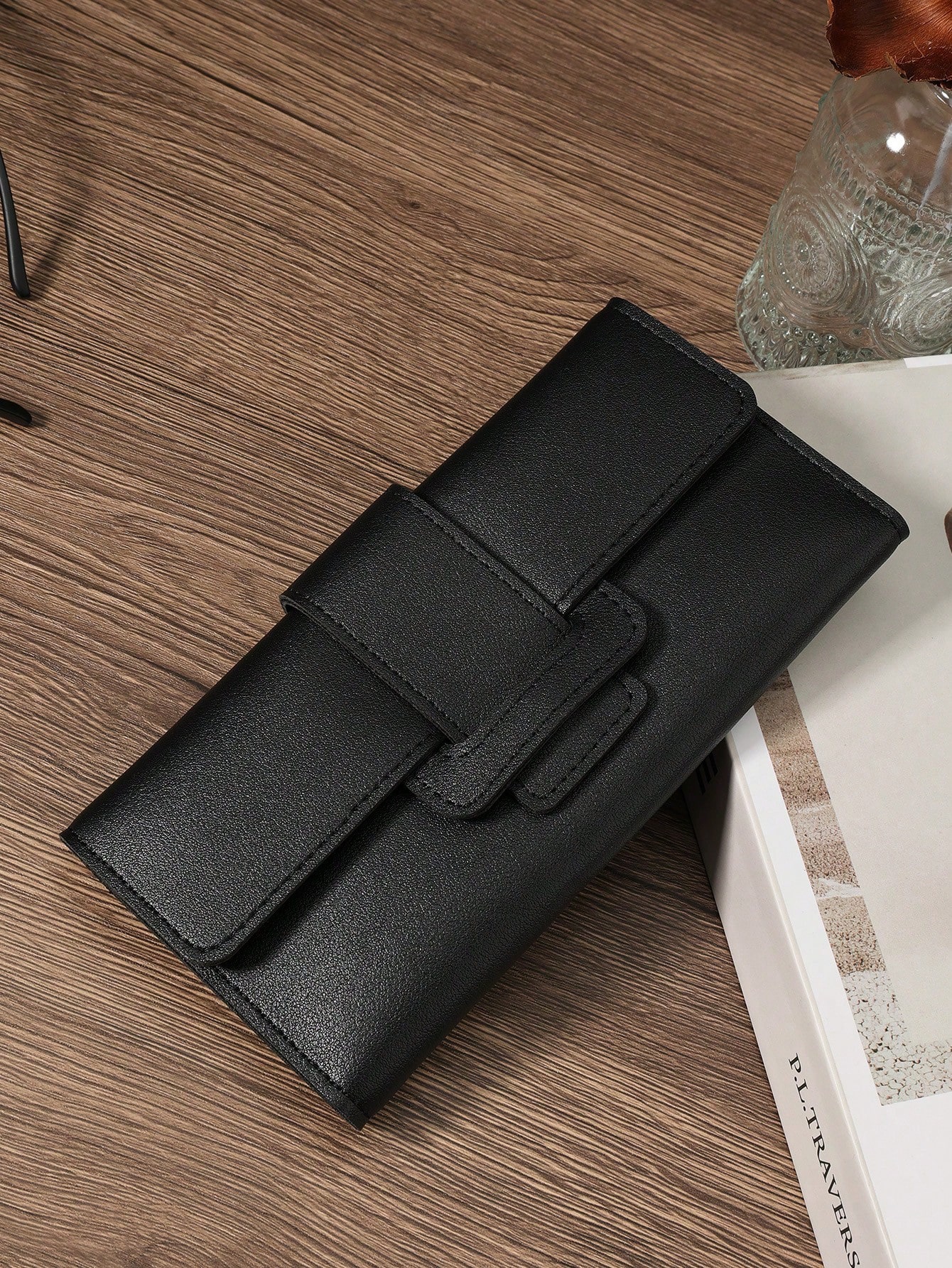 Smooth Black Wide-Strap Continental Long Wallet