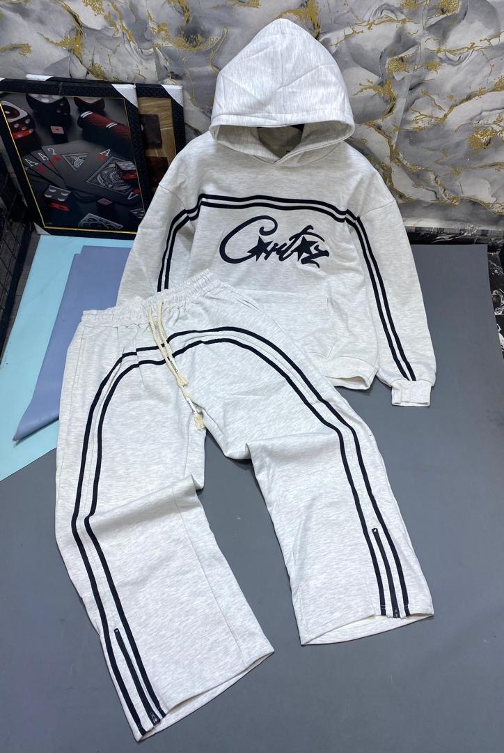 Corteiz" Style Double-Stripe Tracksuits Light Gray Double-Stripe Crtz Two piece sets 