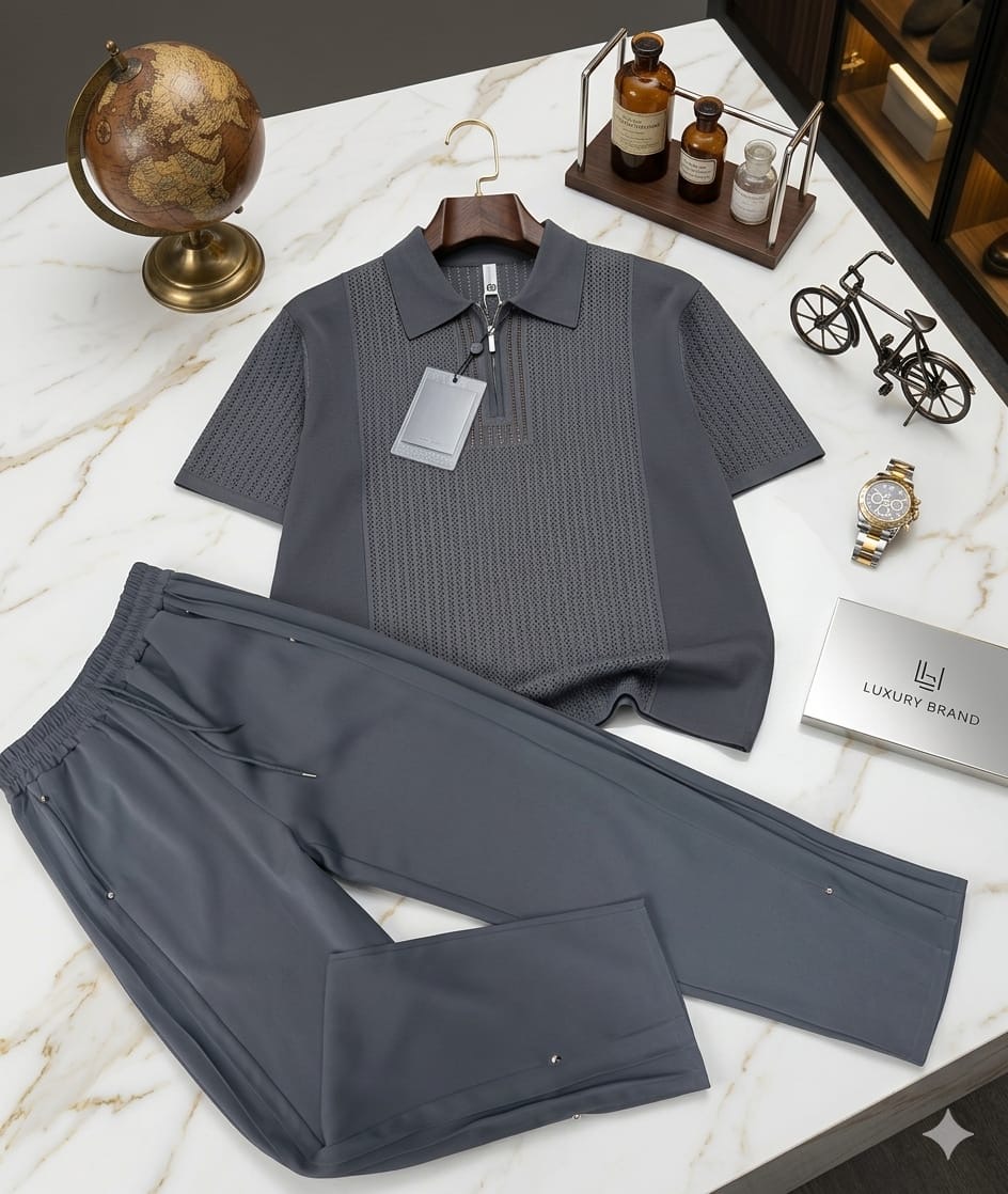 Men's Charcoal Grey Mixed-Texture Zip Polo and Lounge Trouser Two-Piece Set