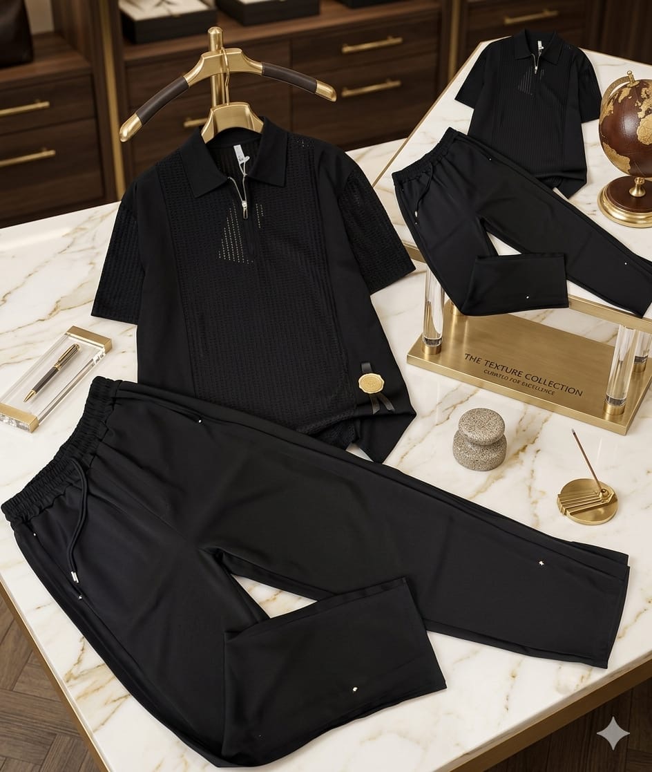 Men's Onyx Black Textured Mesh Zip Polo and Tailored Jogger Two-Piece Set