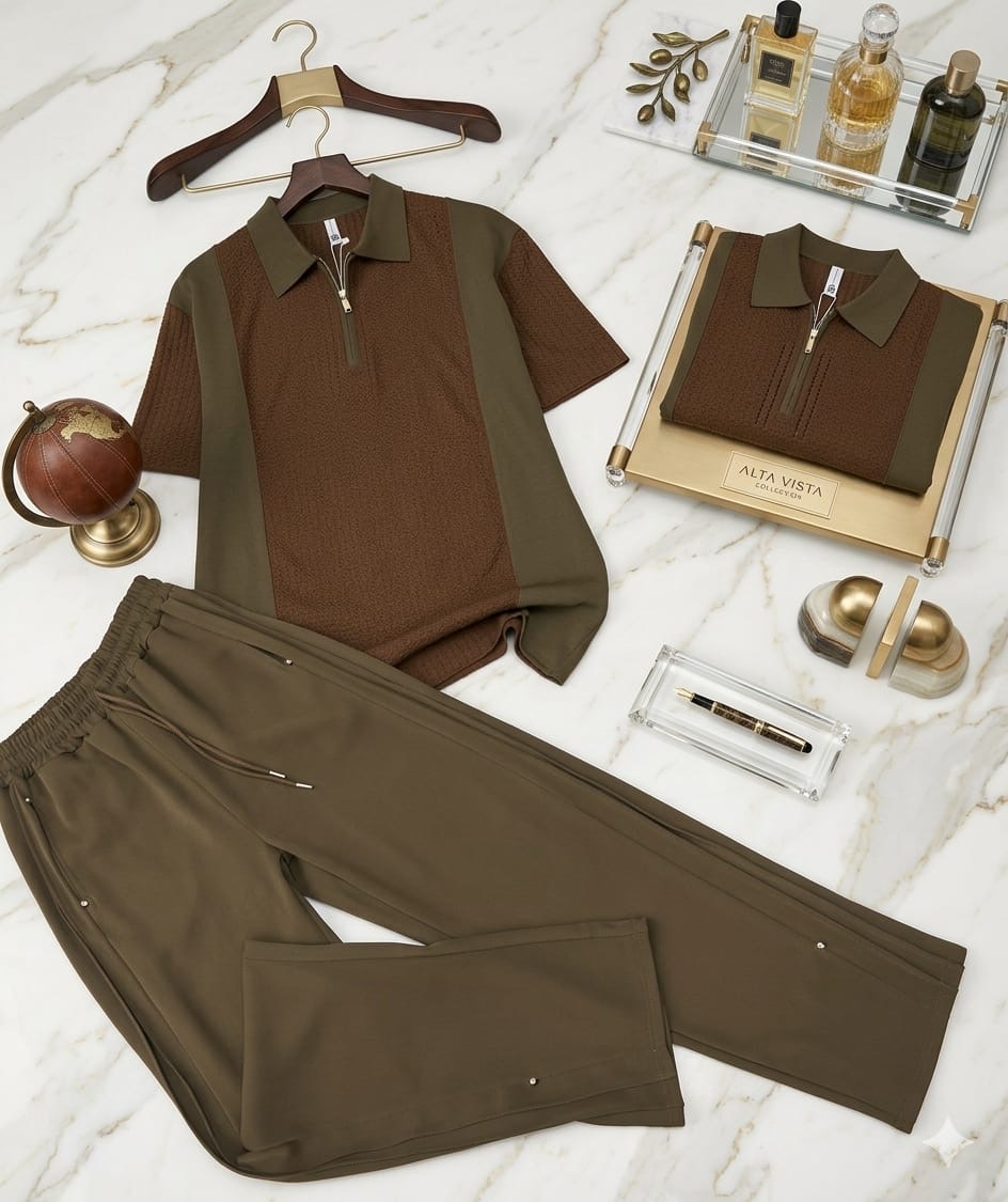 Men's Olive and Umber Brown Contrast Zip Polo and Trouser Two-Piece Set