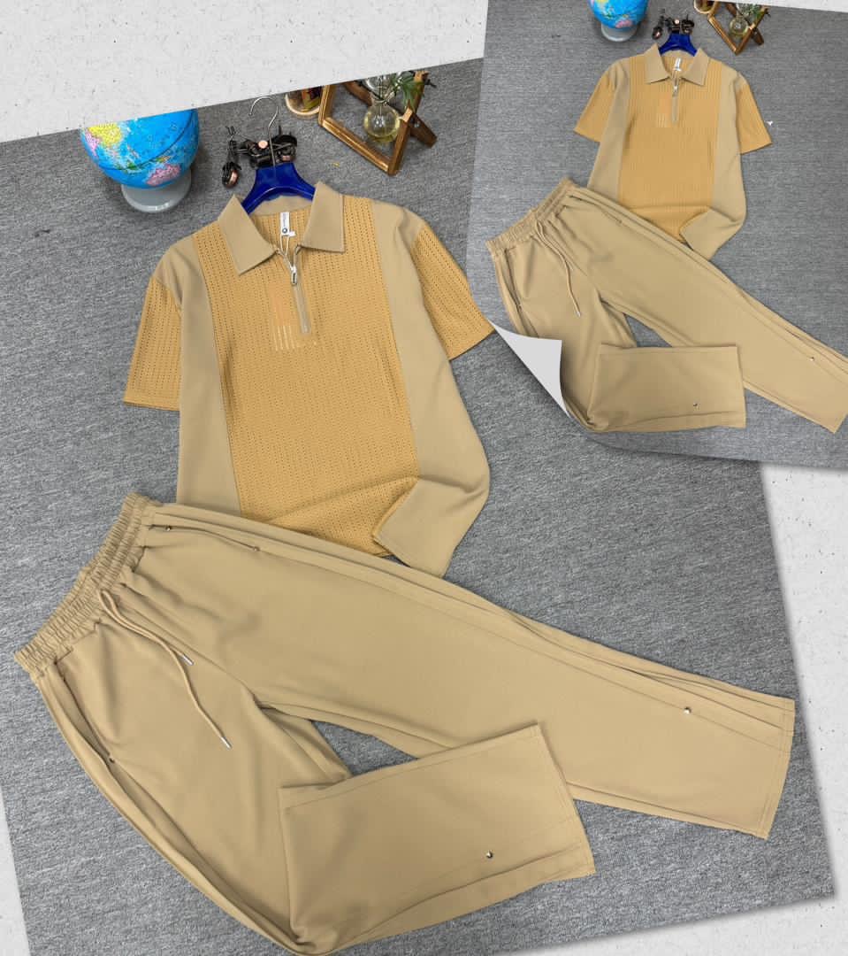Men's Sandstone Beige Waffle-Panel Zip Polo and Relaxed Trouser Two-Piece Set
