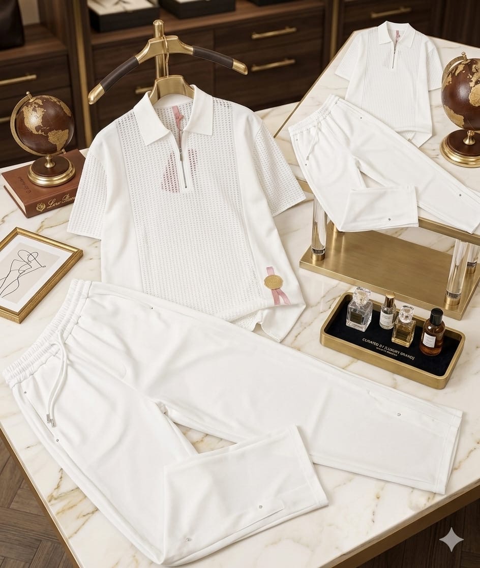 Men's Optical White Pointelle Zip Polo and Fluid Trouser Two-Piece Set