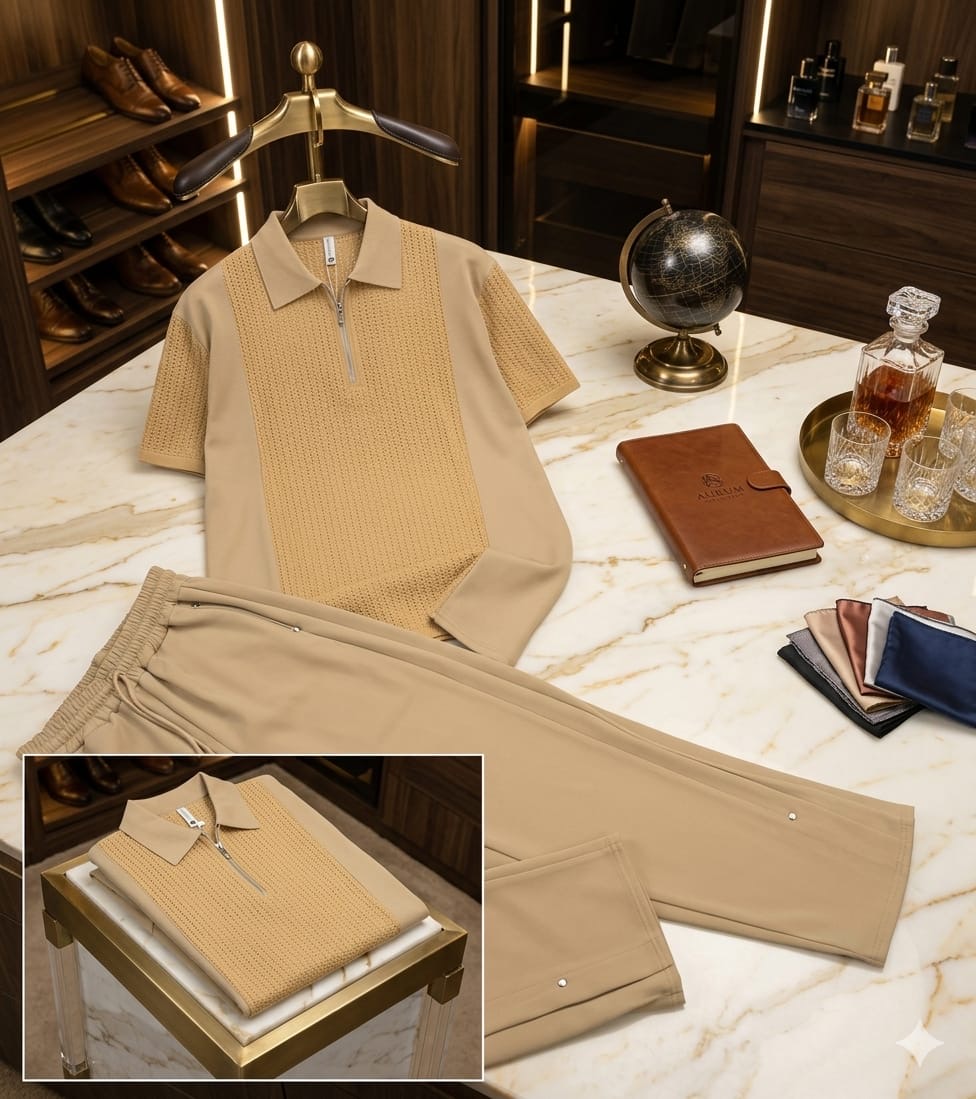 Men's Sandstone Beige Waffle-Panel Zip Polo and Relaxed Trouser Two-Piece Set