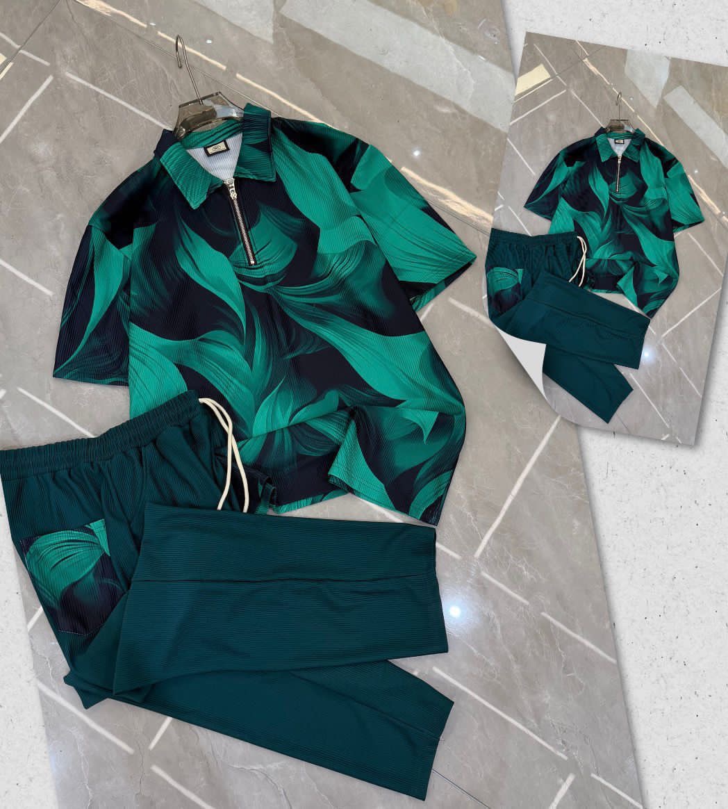 Men's Emerald Leaf Print Quarter-Zip Ribbed two piece Set