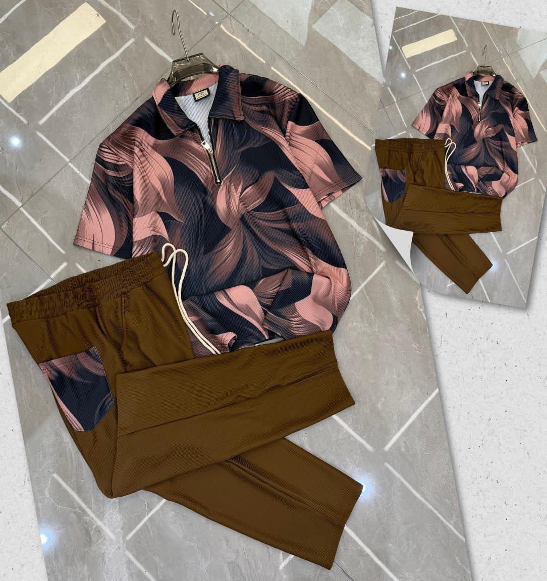Men's Rose Mauve Leaf Print Quarter-Zip Ribbed two piece Set 
