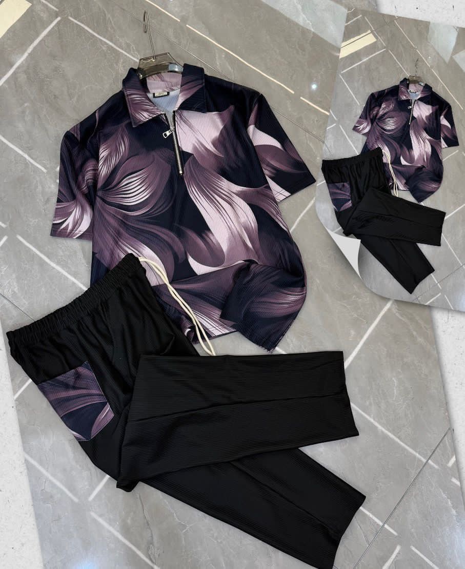 Men's Amethyst Plum Leaf Print Quarter-Zip Ribbed Set
