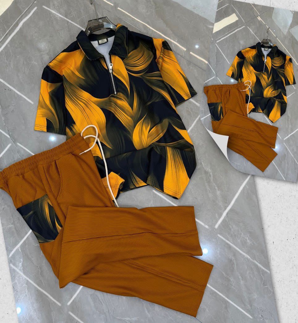 Men's Marigold Amber Leaf Print Quarter-Zip Ribbed two piece Set