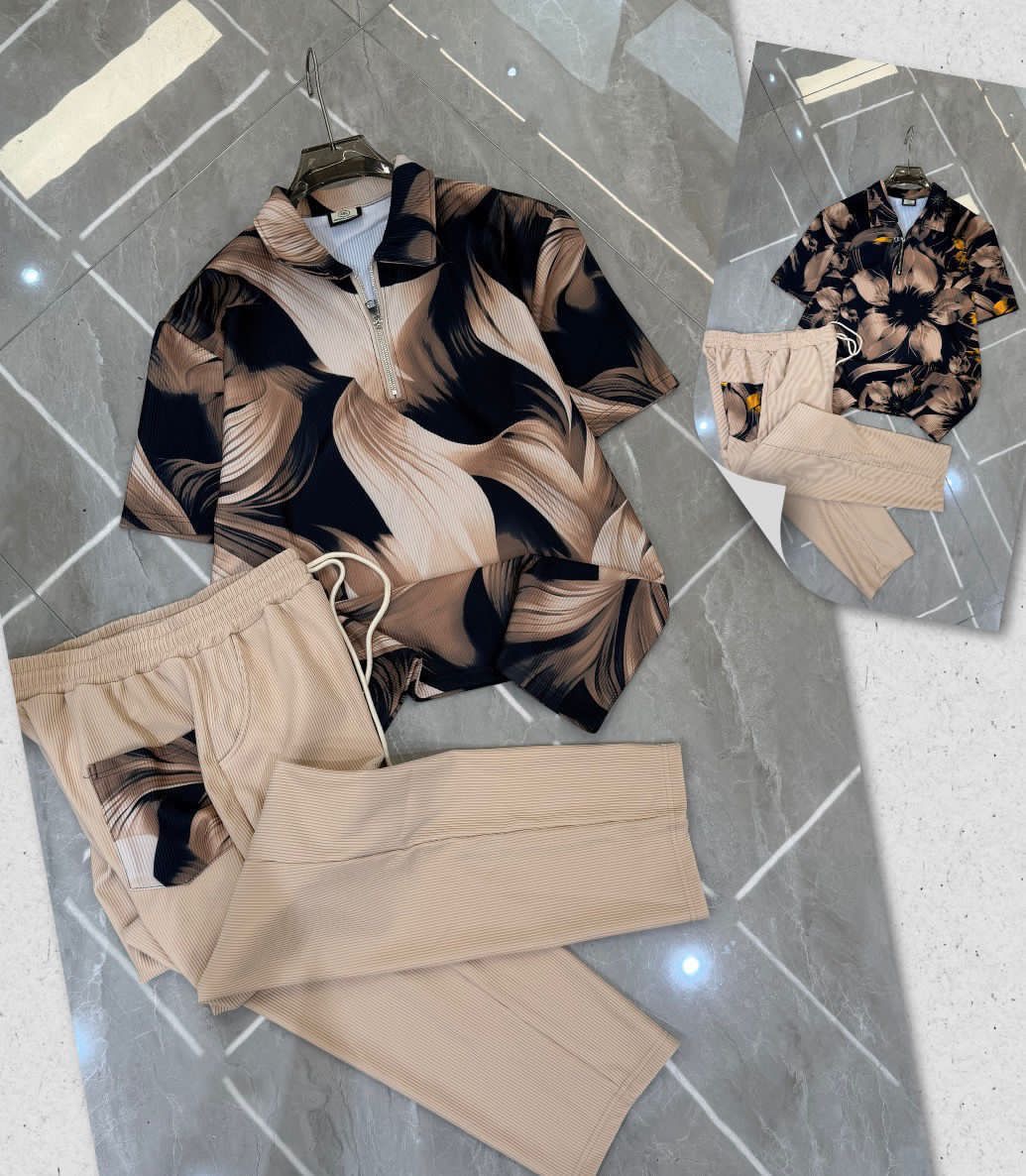 Men's Cream & Espresso Floral Print Quarter-Zip Ribbed two piece Set