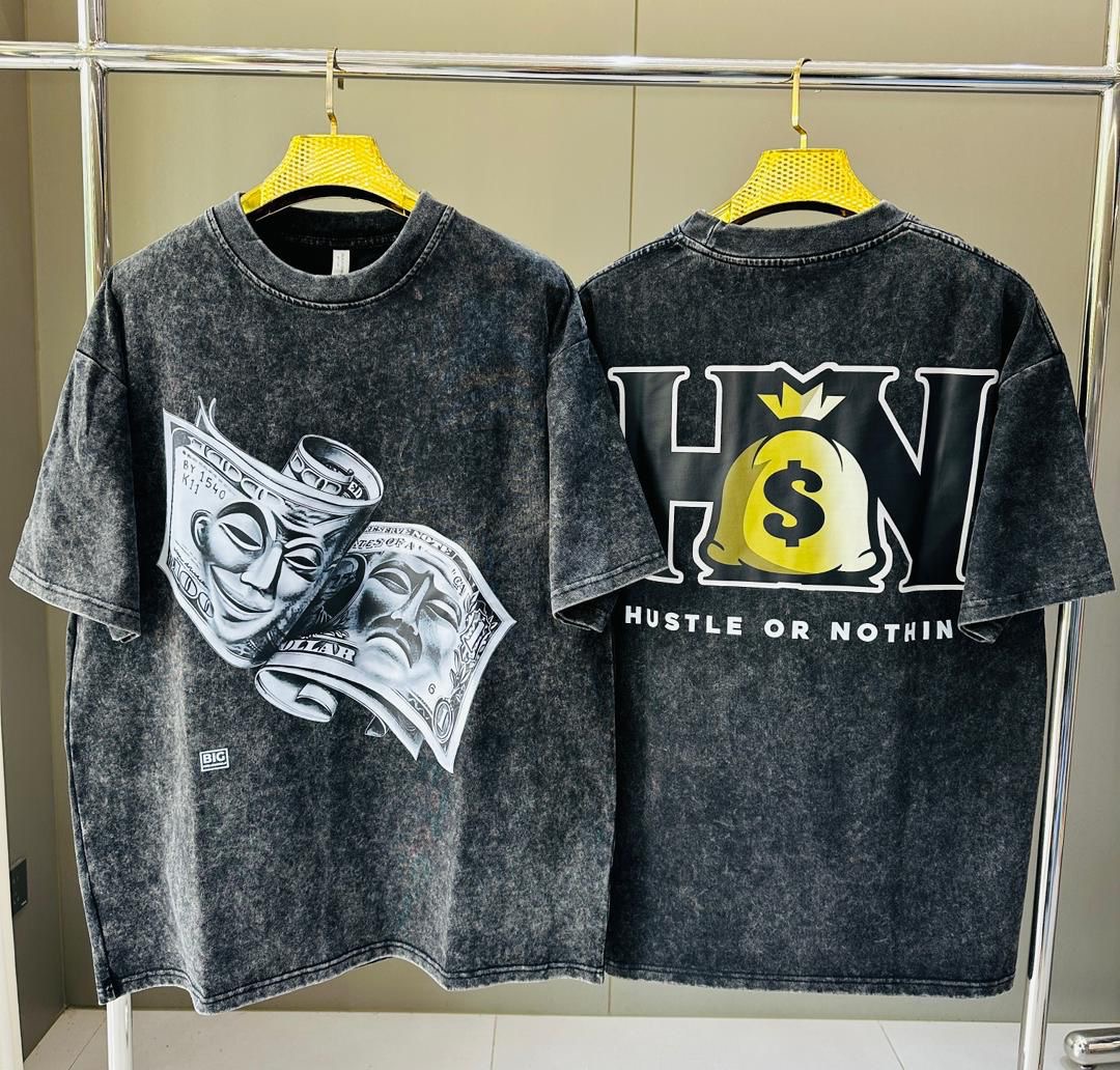 Men's Acid Wash Streetwear T-Shirt – Comedy & Tragedy Currency Masks "Hustle Or Nothin" Tee
