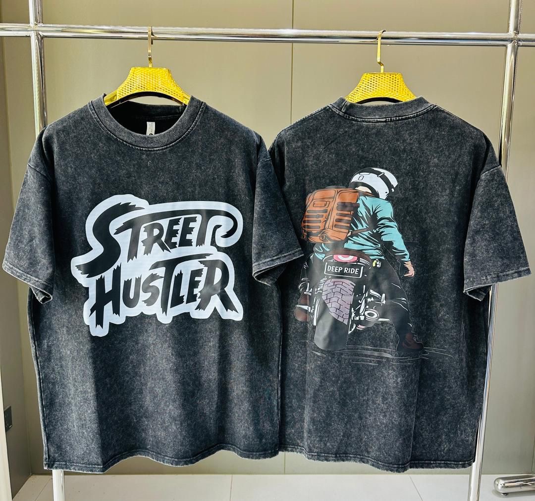 Men's Drop-Shoulder Acid Wash Graphic Tee – "Street Hustler" & Biker "Deep Ride" Urban T-Shirt