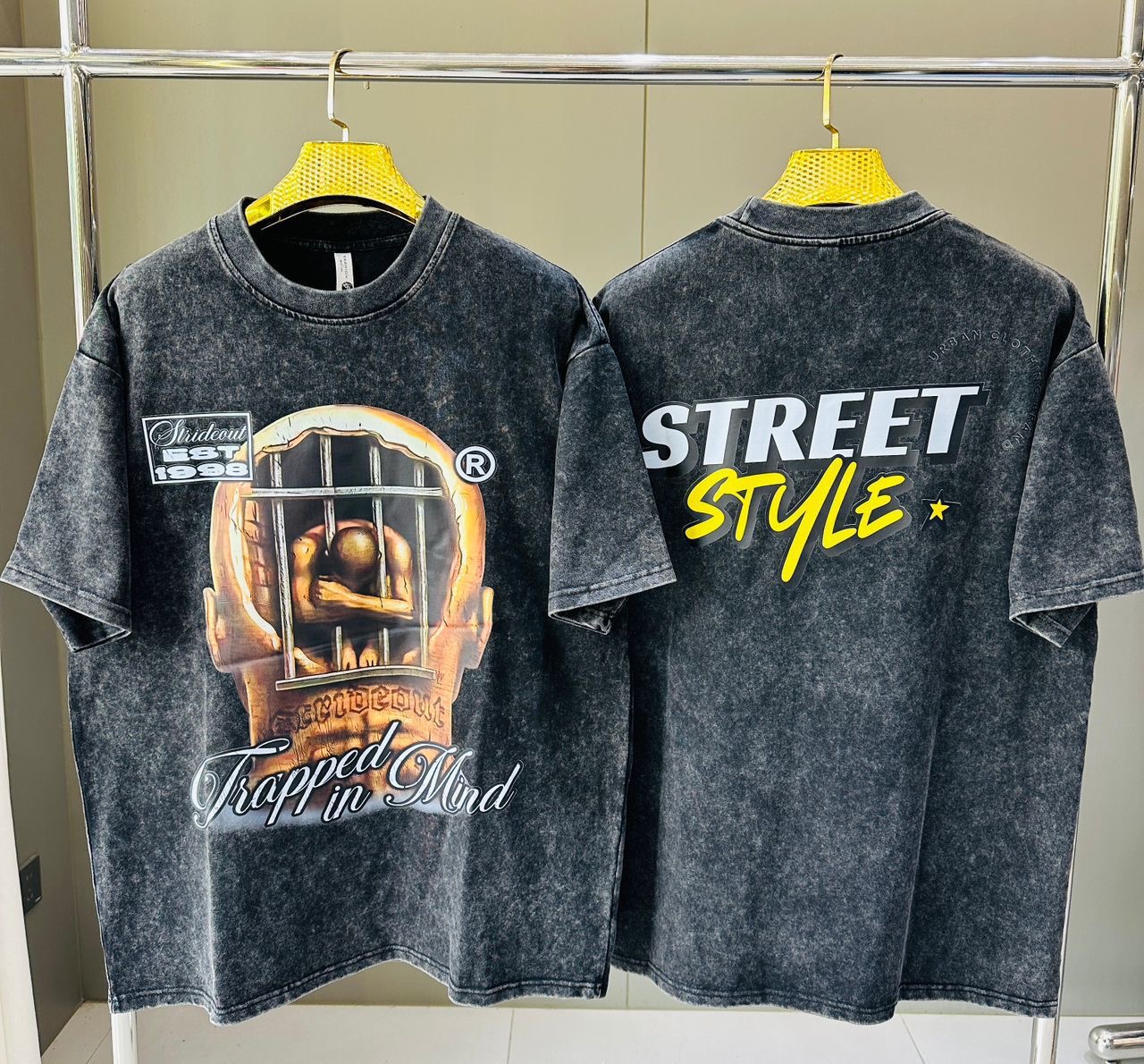 Men's Heavyweight Acid Wash Streetwear Tee – "Trapped in Mind" Prison Art & "Street Style" T-Shirt
