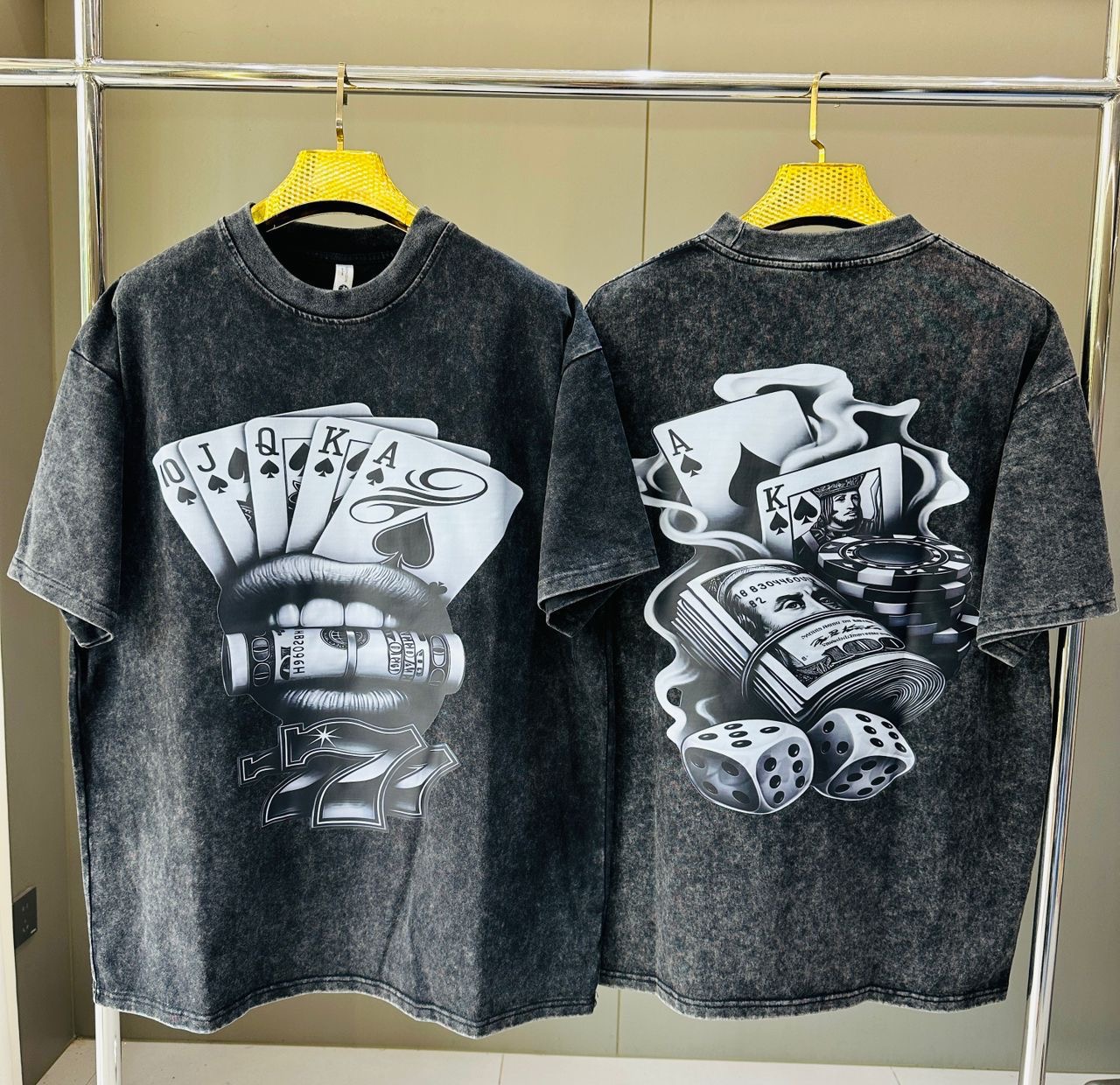 Men's Vintage Wash High-Stakes Gambling Graphic Tee – Casino Cards, Dice, and Cash Streetwear T-Shirt