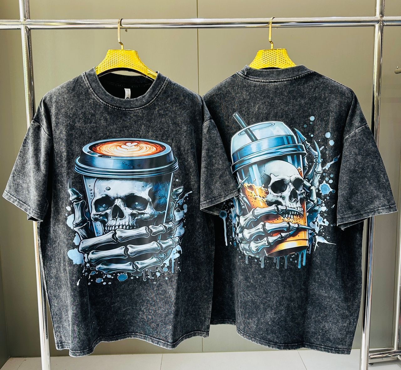 Men's Acid Wash Skull & Coffee Graphic Tee – "Caffeine Rush" Skeleton Hands Streetwear T-Shirt