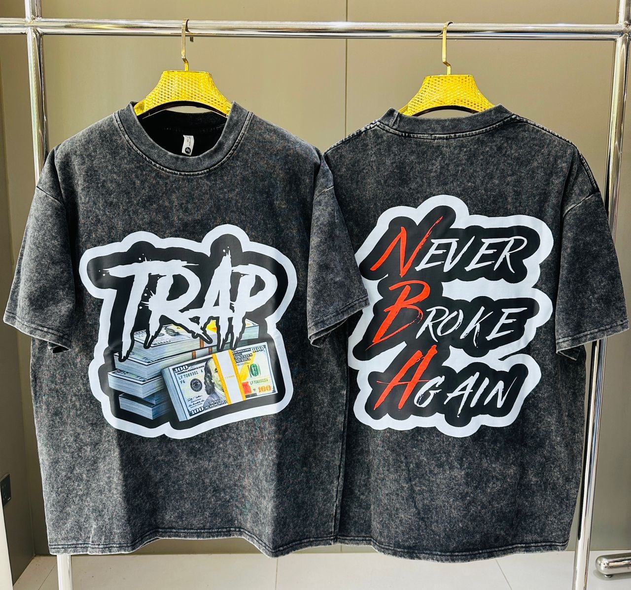 Men's Vintage Acid Wash Hip-Hop Tee – "Trap" Stacks of Cash & "Never Broke Again" Streetwear T-Shirt