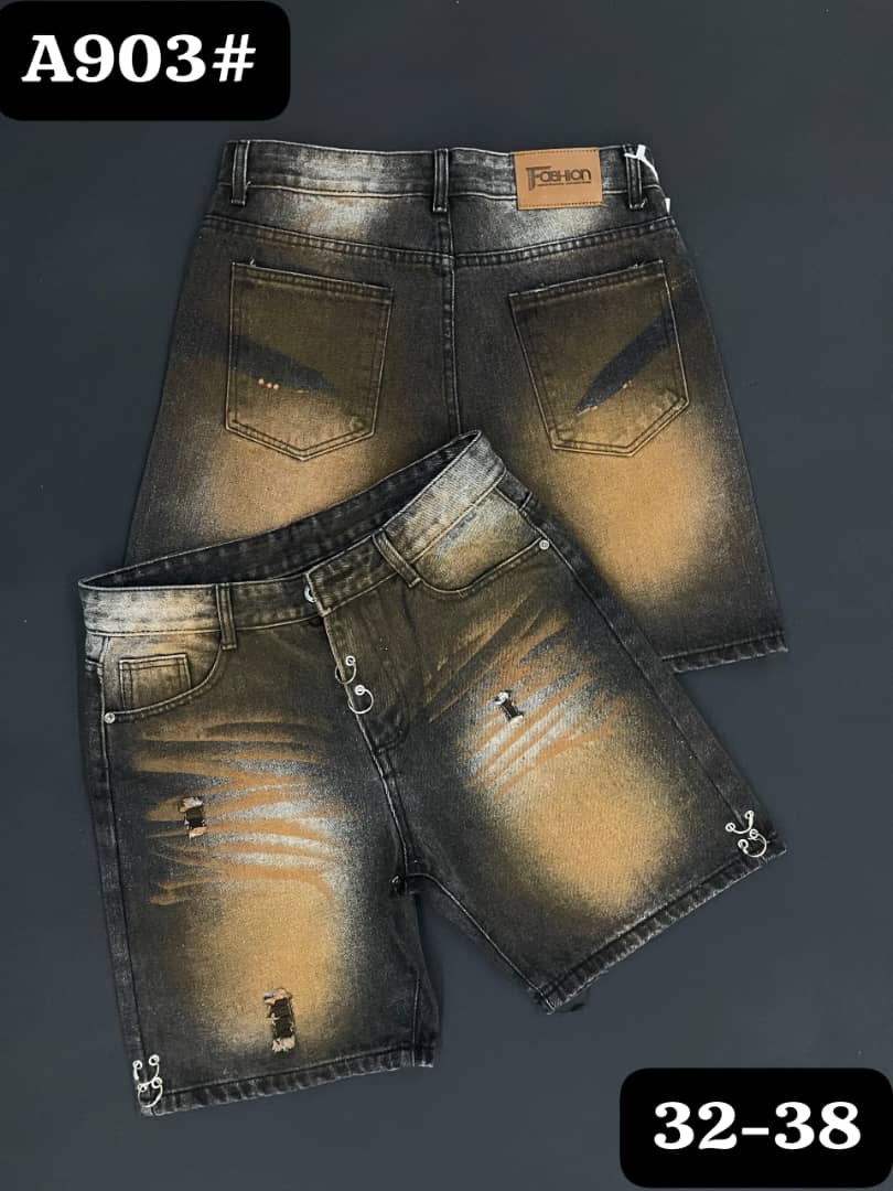 Men's Vintage Acid-Wash Brown and Charcoal Denim Shorts (Style A903#)