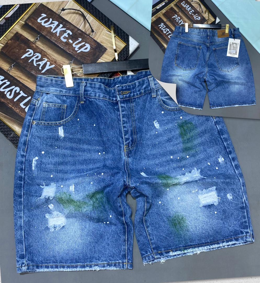 Men's Light-Wash Paint Splatter and Distressed Denim Shorts