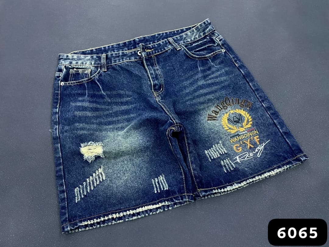 Men's Deep Indigo Embroidered Graphic Denim Shorts (Style 6065)