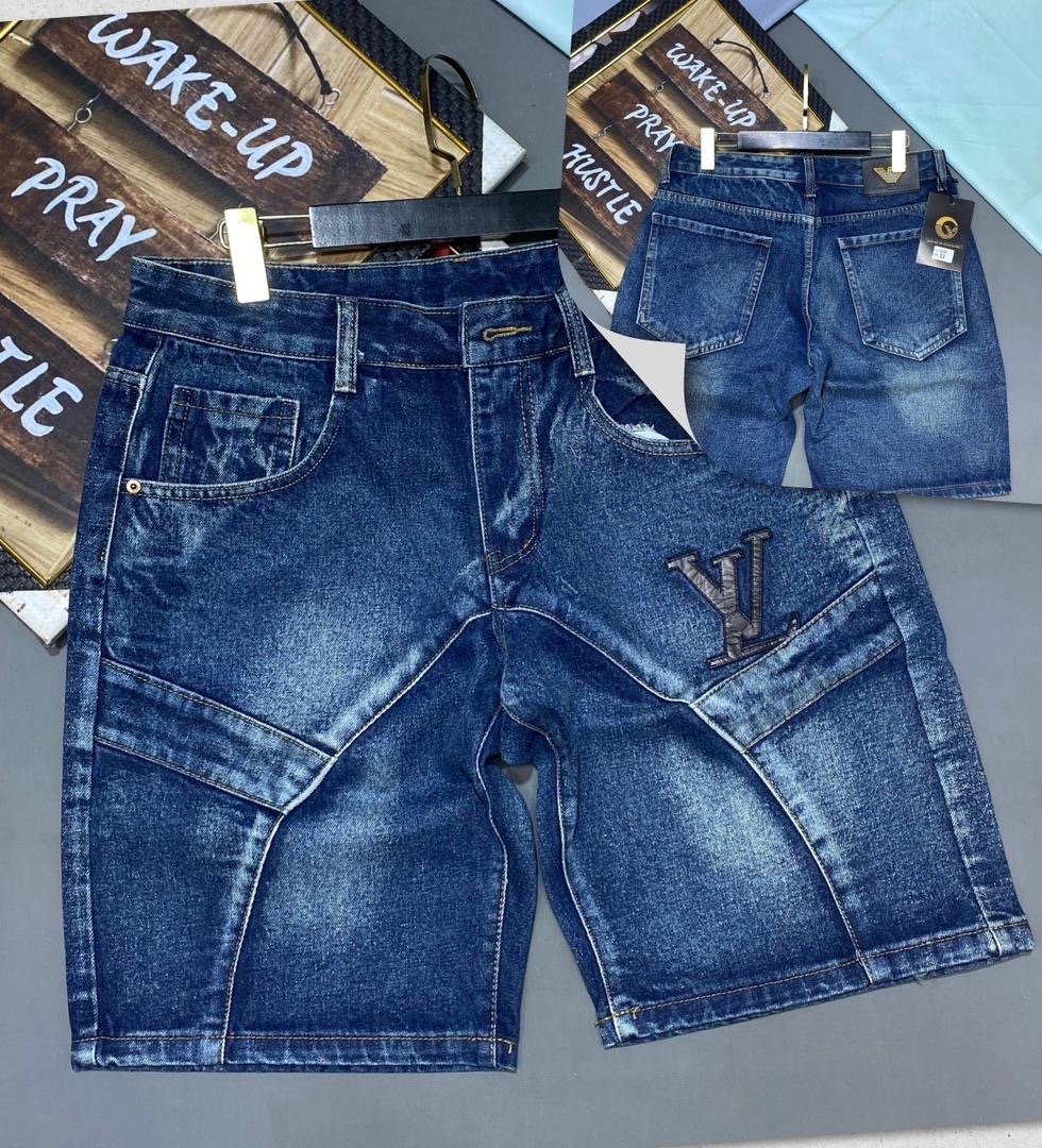 Men's Paneled Dark-Wash Denim Shorts with Embroidered Initial Detail