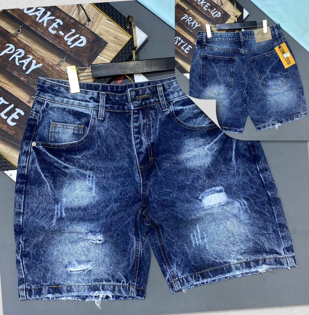 Men's Heavy Acid-Wash Distressed Blue Denim Shorts