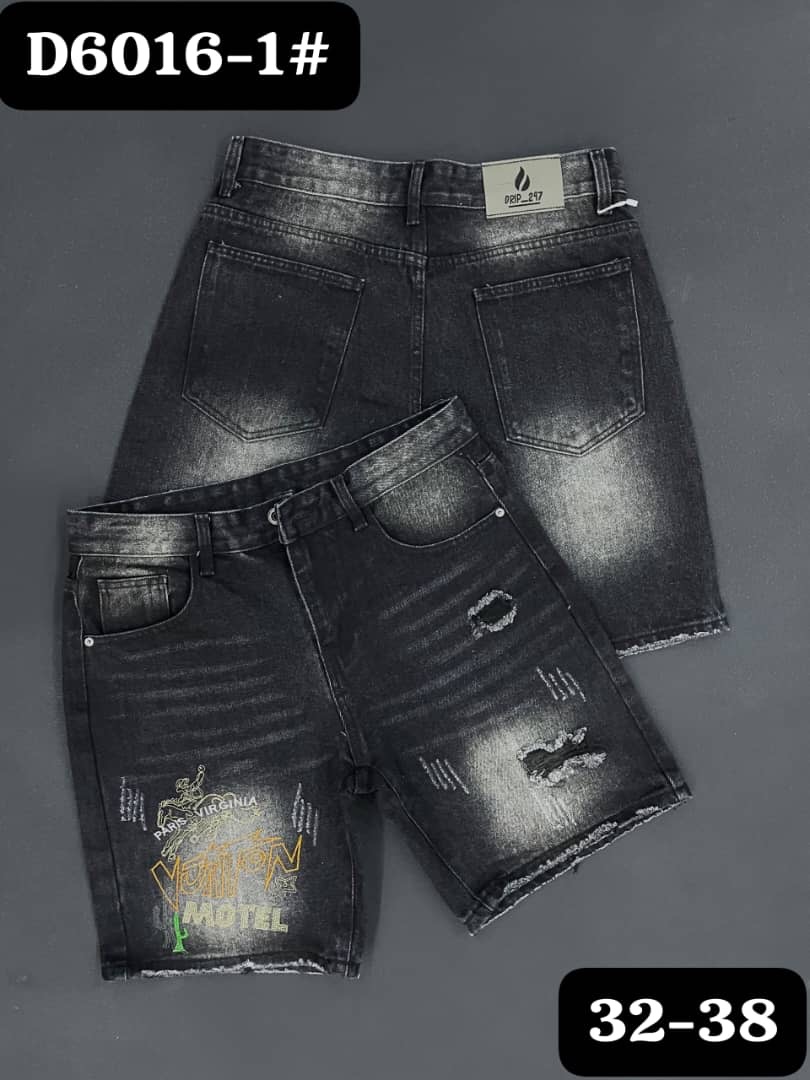 Men's Charcoal Distressed Denim Shorts with Graphic Motifs (Style D6016-1#)