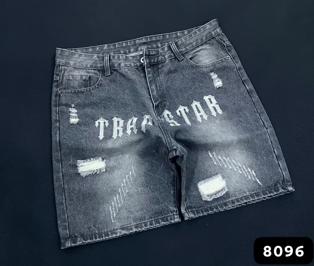 Men's Grey Acid-Wash Gothic Font Embroidered Denim Shorts (Style 8096)