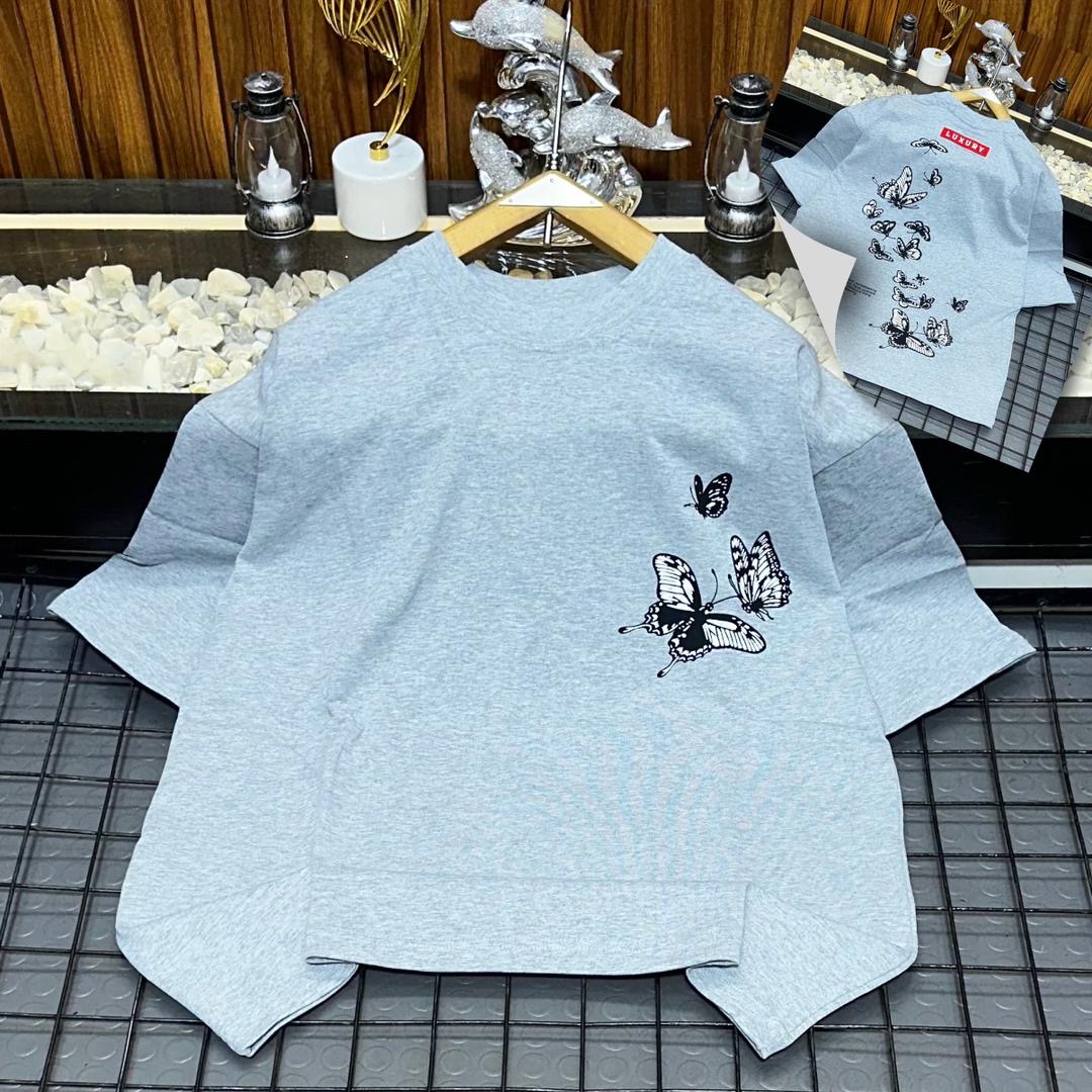 Men's Casual Grey Oversized Crewneck T-Shirt with Front and Back Graphic Butterfly Prints
