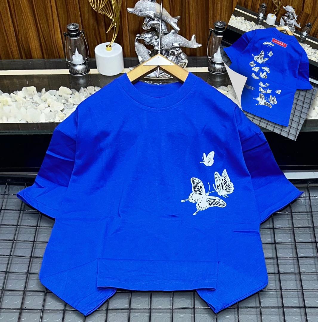 Men's Casual Royal Blue Oversized Crewneck T-Shirt with Front and Back Graphic Butterfly Prints