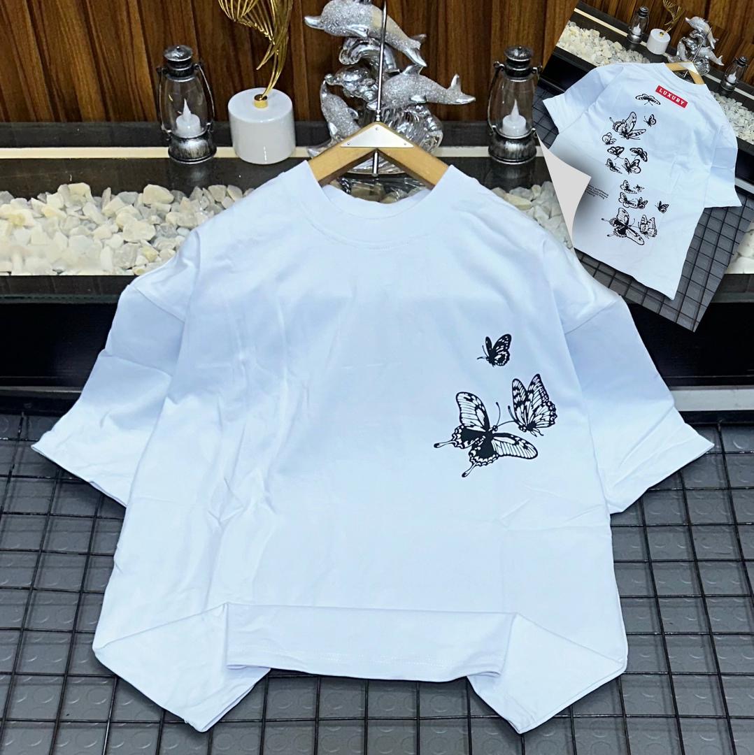 Men's Casual White Oversized Crewneck T-Shirt with Front and Back Graphic Butterfly Prints