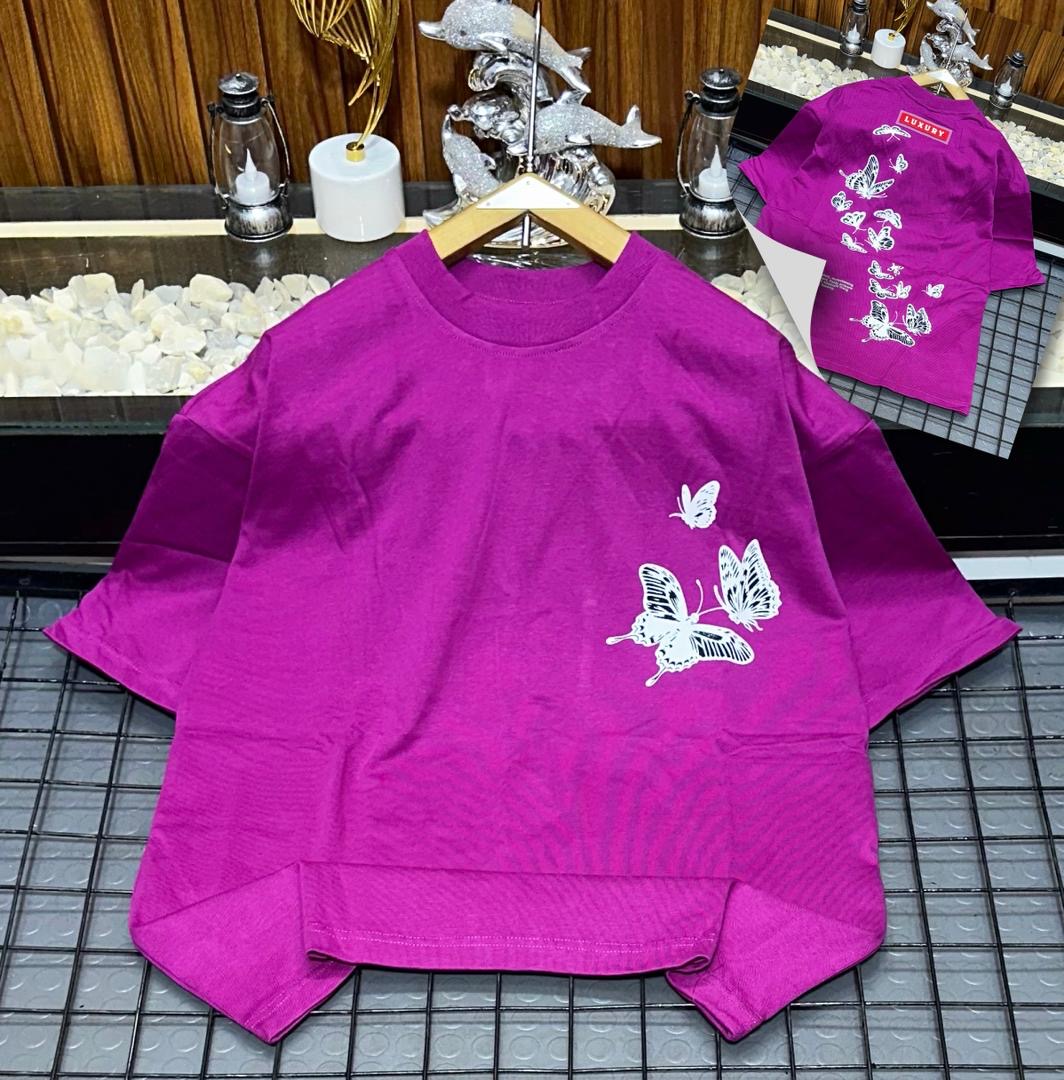 Men's Casual Magenta Purple Oversized Crewneck T-Shirt with Front and Back Graphic Butterfly Prints