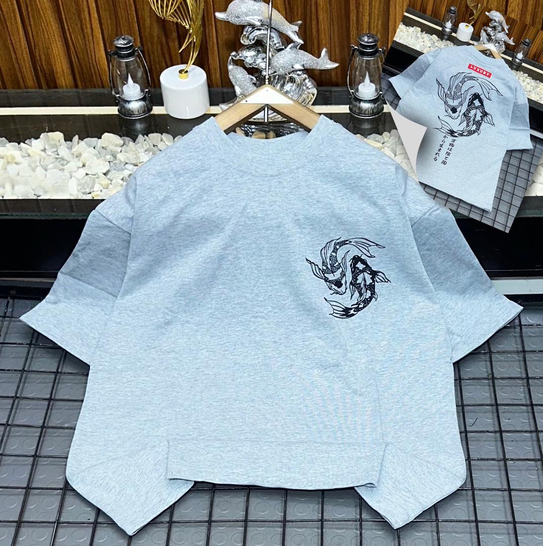 Oversized Japanese Yin-Yang Koi Fish Graphic Tee – Heather Grey