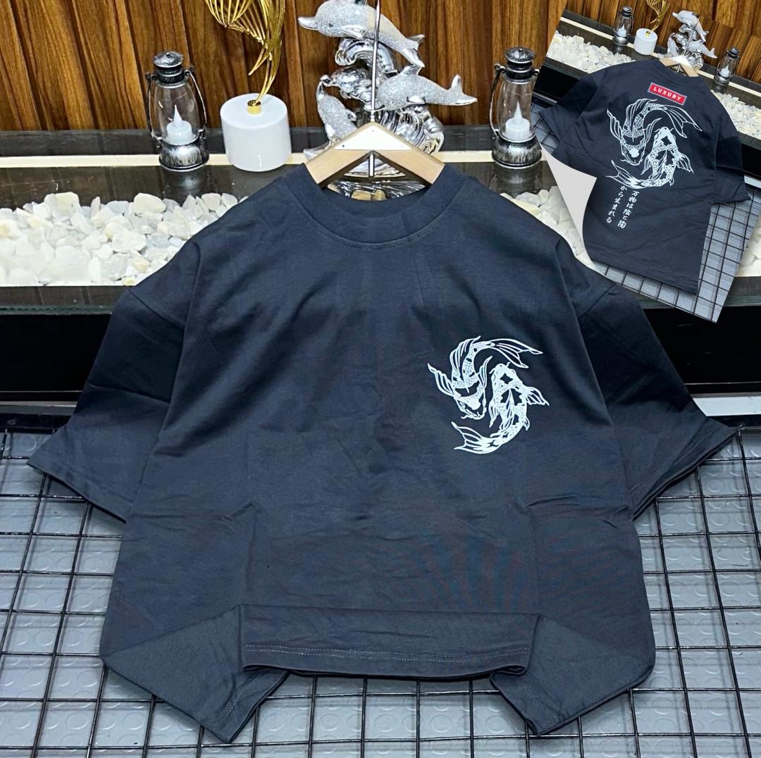 Oversized Japanese Yin-Yang Koi Fish Graphic Tee – Charcoal Grey