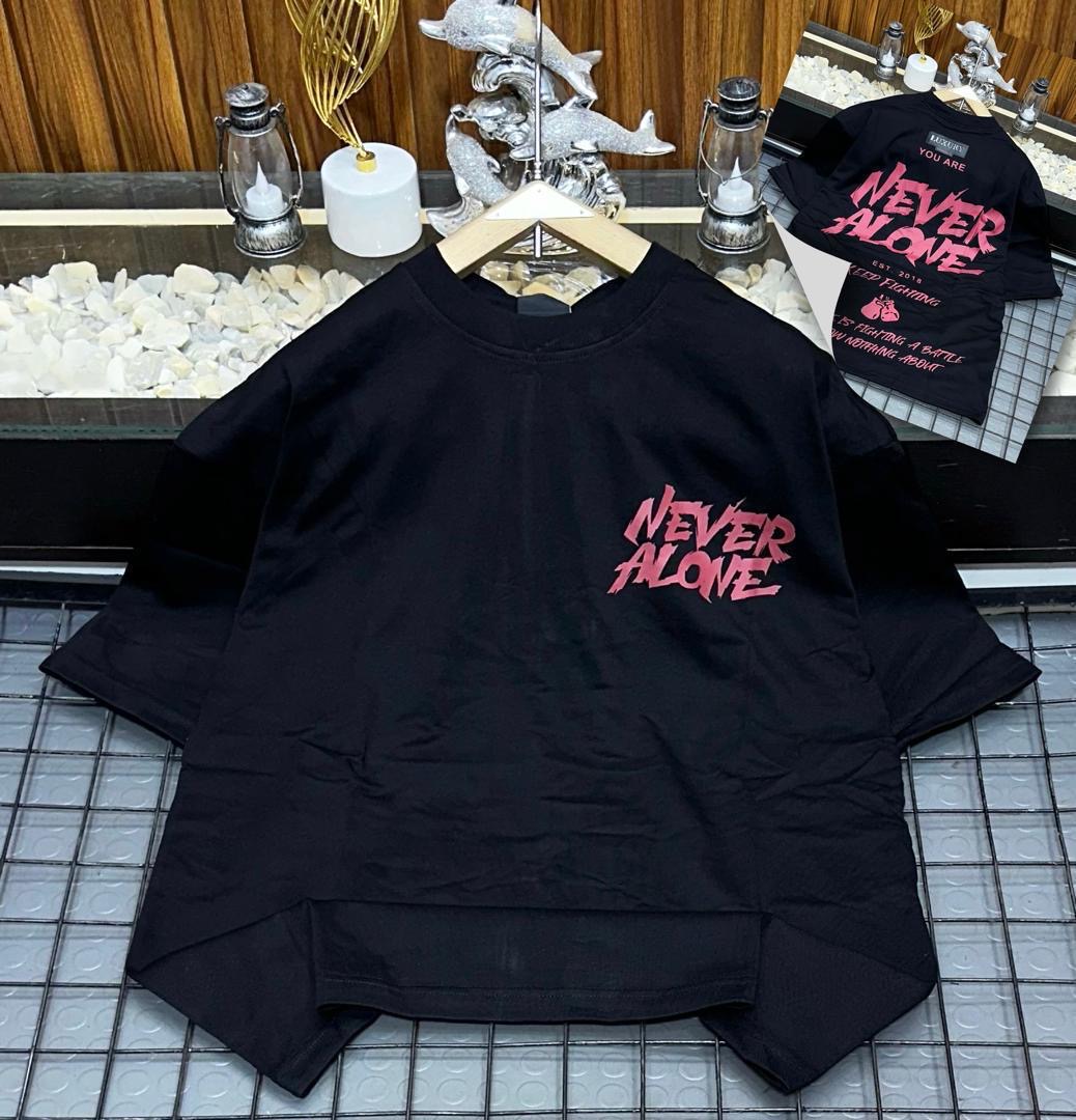 Never Alone / Keep Fighting" Distressed Typography Tee – Onyx Black