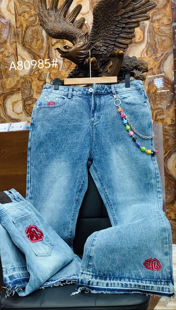 Light Wash Acid-Flecked Straight-Leg Denim Jeans with Multi-Color Beaded Charm Chain