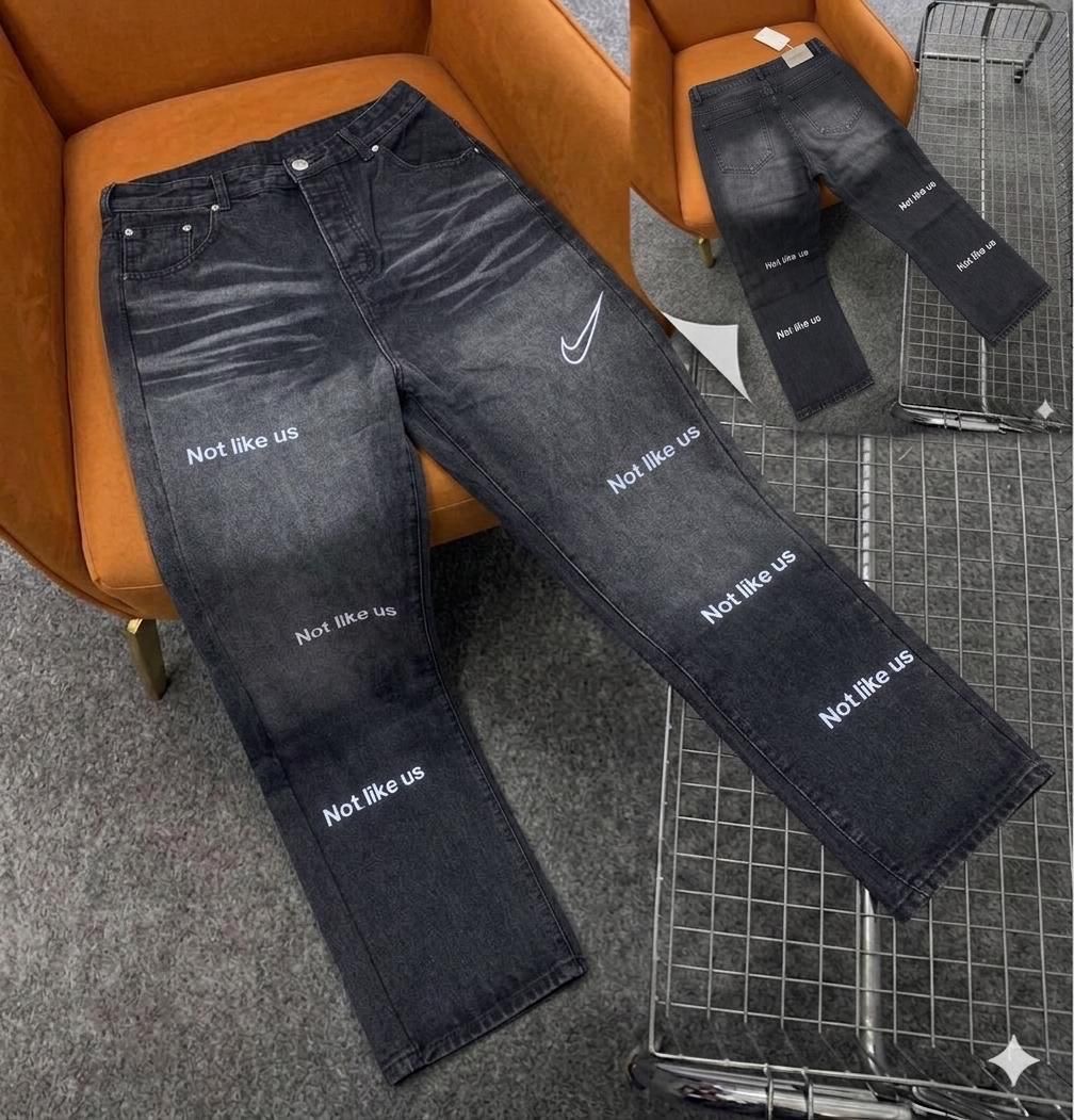 Washed Charcoal Streetwear Denim Jeans with "Not Like Us" Graphic Print