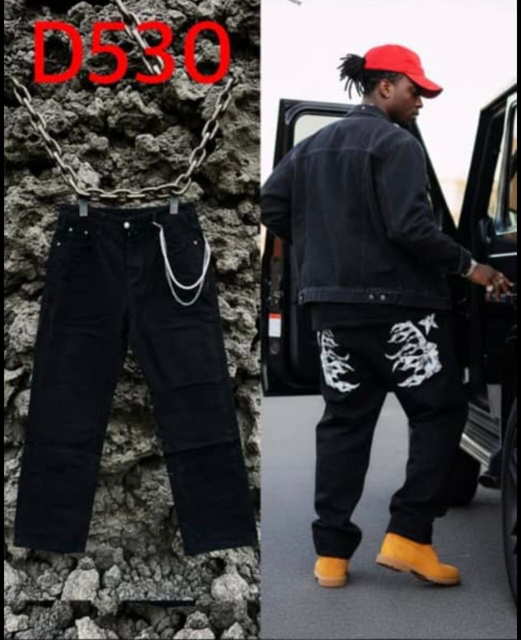 Jet Black Straight-Leg Utility Denim Jeans with Twin Draped Hip Chains