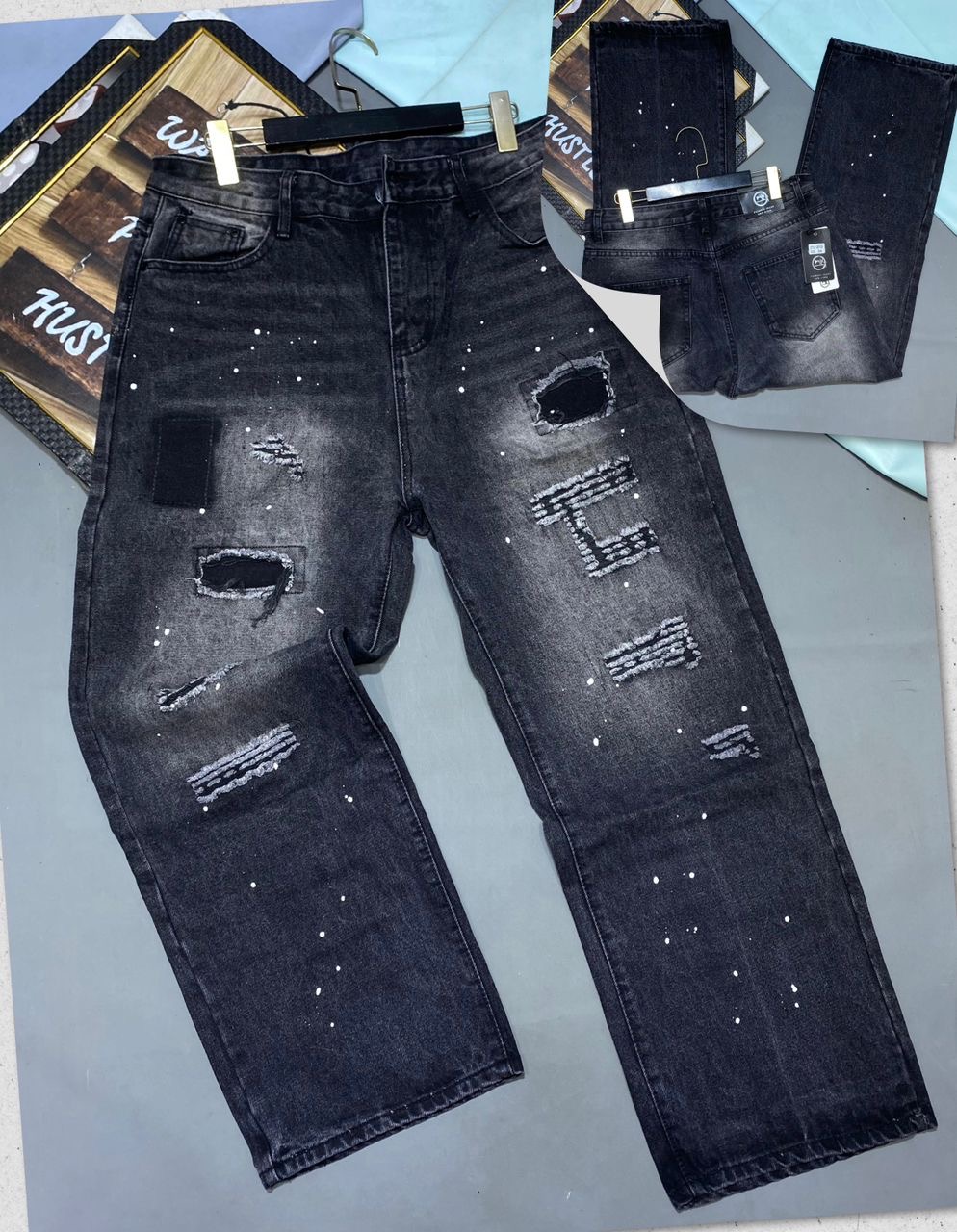 Distressed Charcoal Black Paint-Splatter Jeans with Layered Patchwork Blowouts