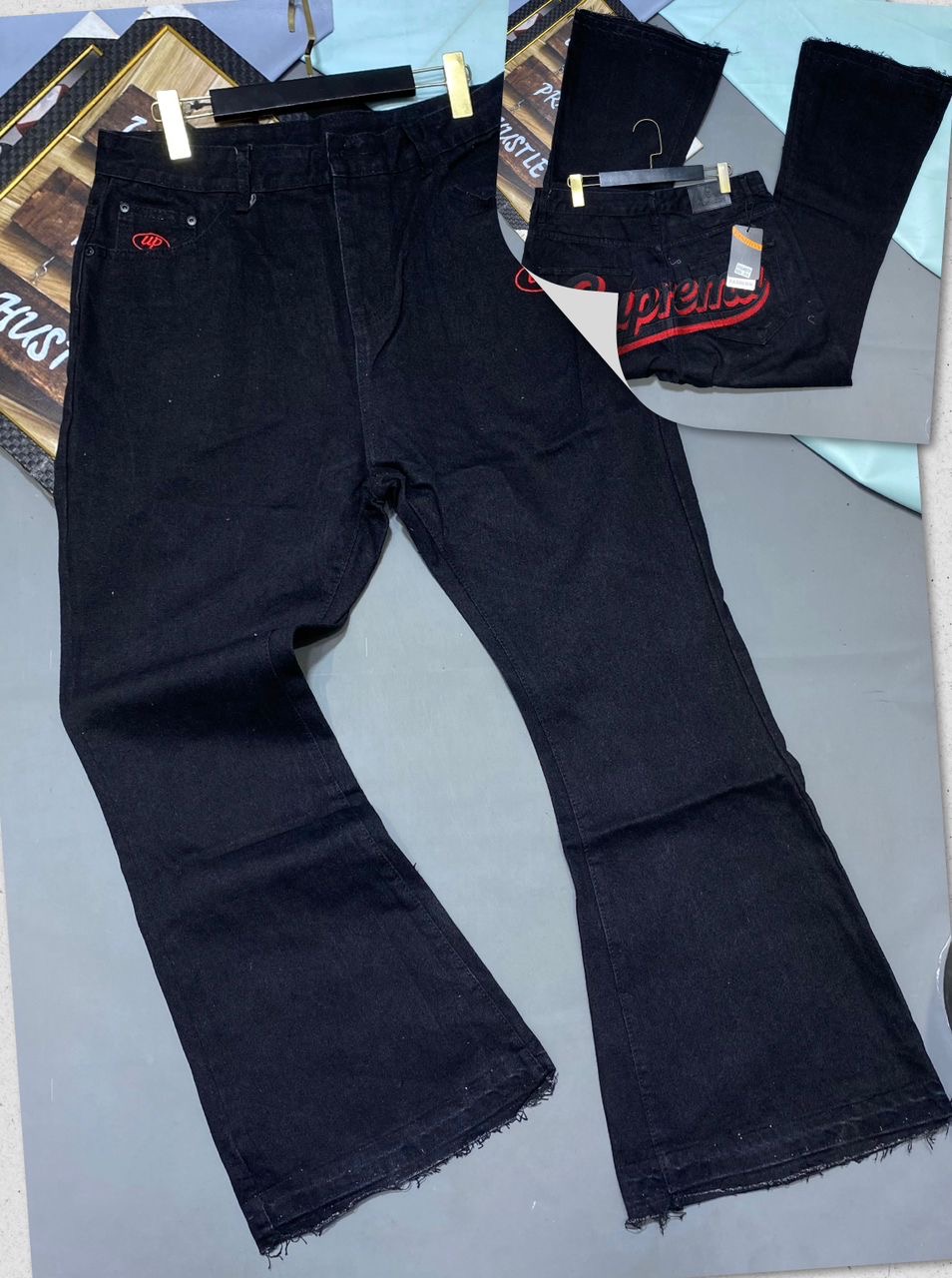 Jet Black Raw-Hem Jeans with Red and Grey Script Back-Pocket Embroidery