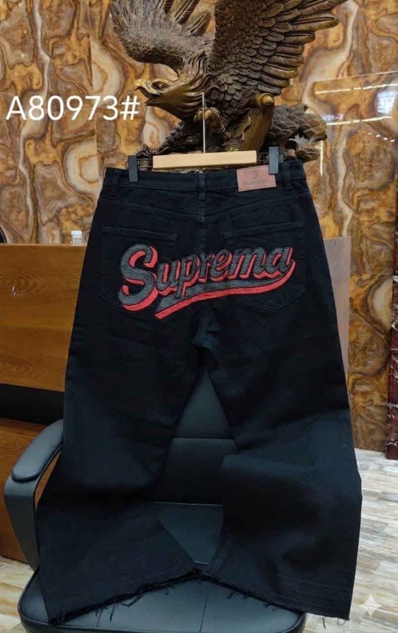 Jet Black Raw-Hem Jeans with Red and Grey Script Back-Pocket Embroidery 2