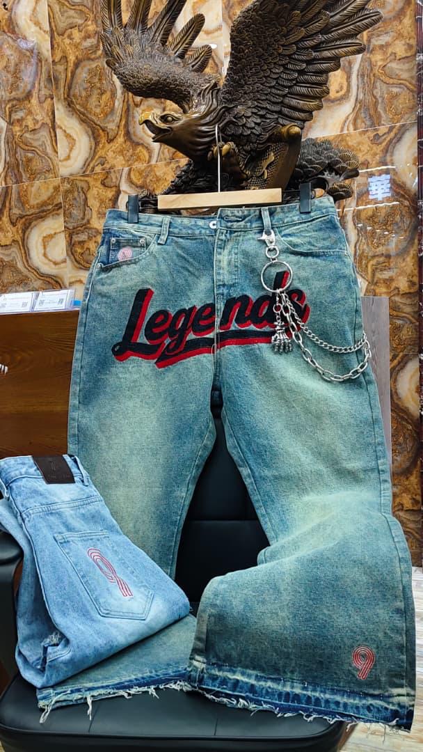Tinted Acid-Wash Denim Jeans with "Legends" Script Embroidery and Skull Wallet Chain