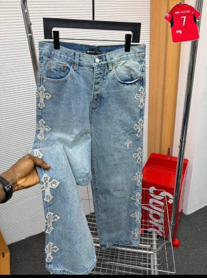 Light Wash Straight-Leg Jeans with Rhinestone-Crusted Gothic Cross Appliques